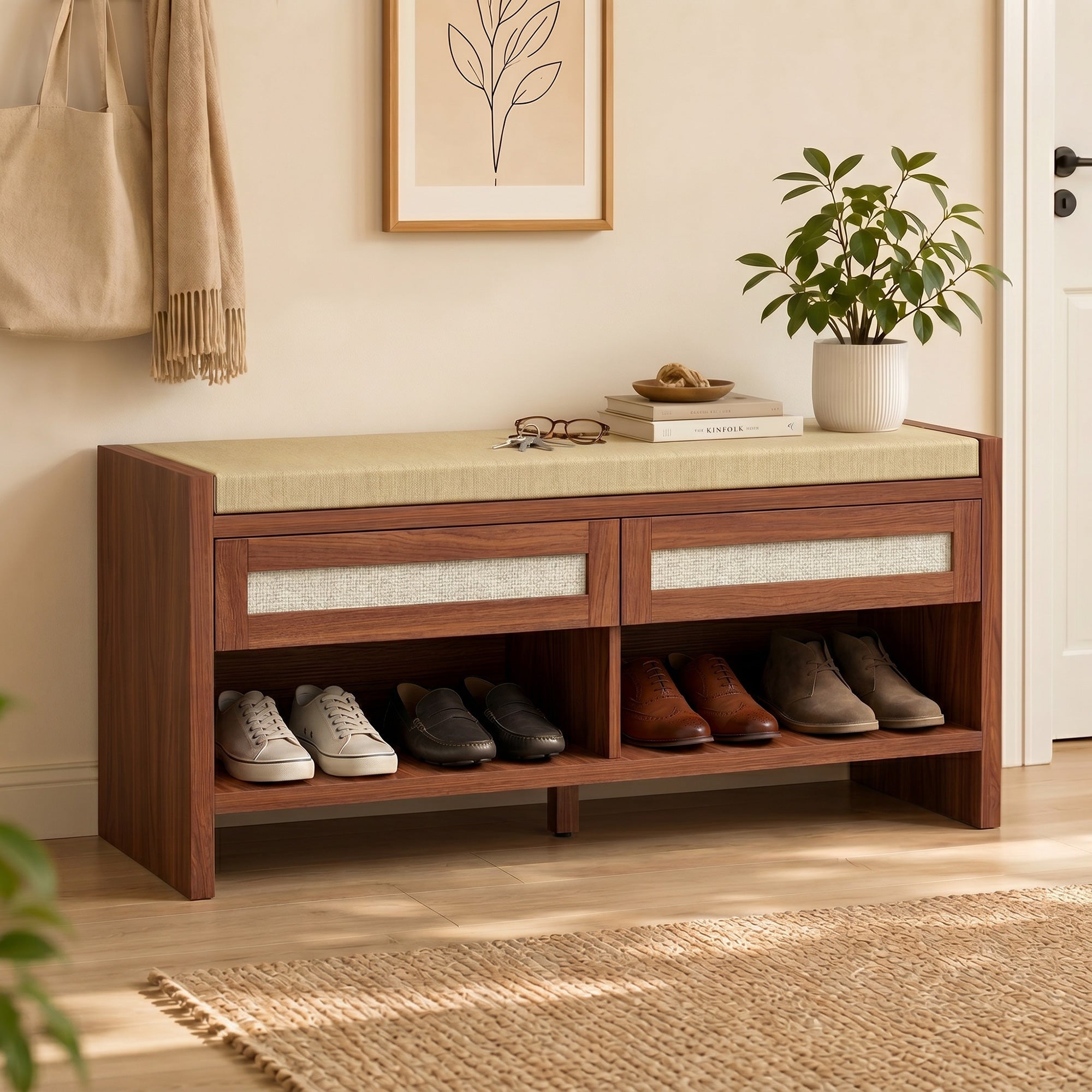 Shoe Bench with 2 Rattan Drawers, Boho Shoe Storage Bench with Linen-Look Cushioned Seat and Open Shelf, for Entryway, Living Room, Bedroom, 108 x 35 x 50 cm, Brown