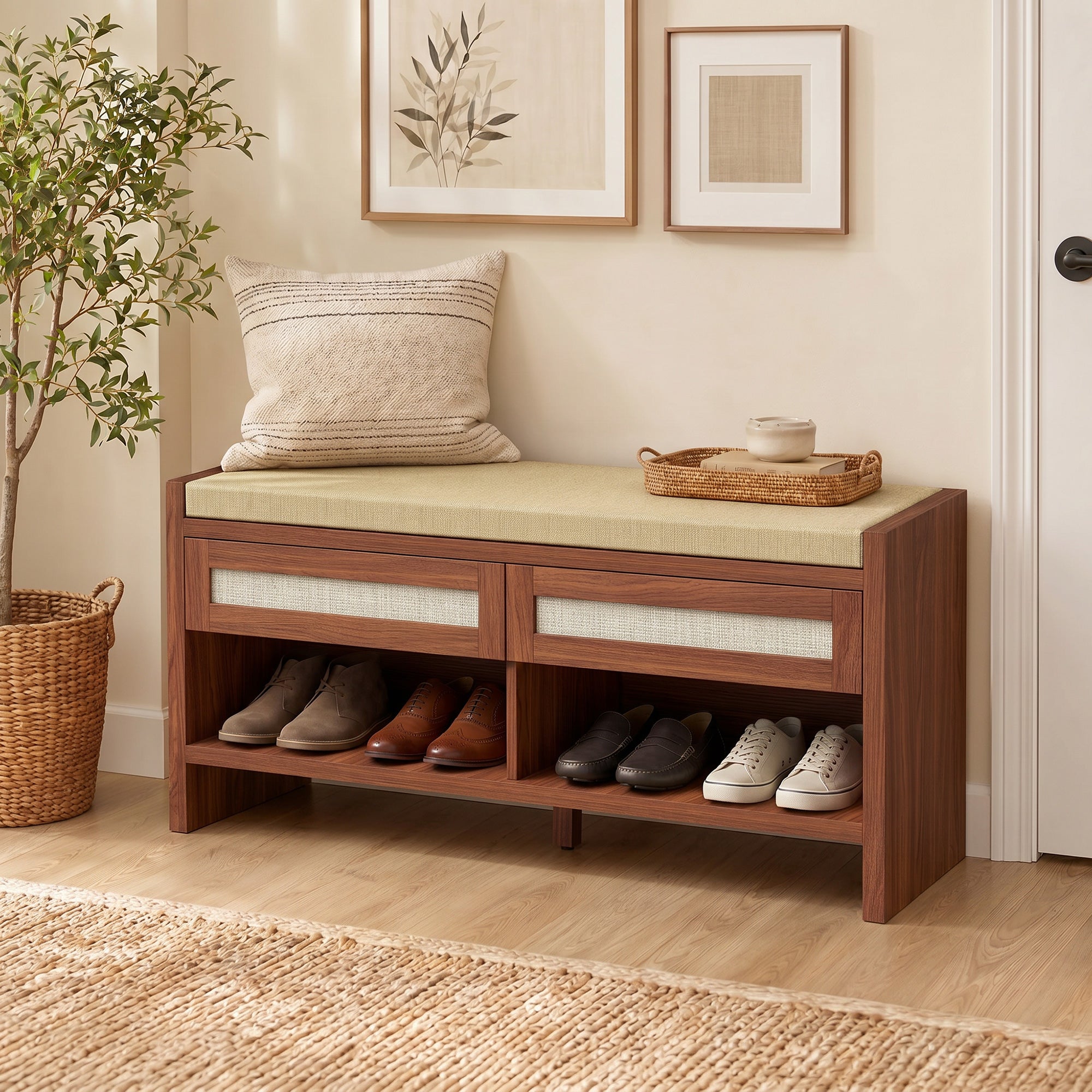 Shoe Bench with 2 Rattan Drawers, Boho Shoe Storage Bench with Linen-Look Cushioned Seat and Open Shelf, for Entryway, Living Room, Bedroom, 108 x 35 x 50 cm, Brown