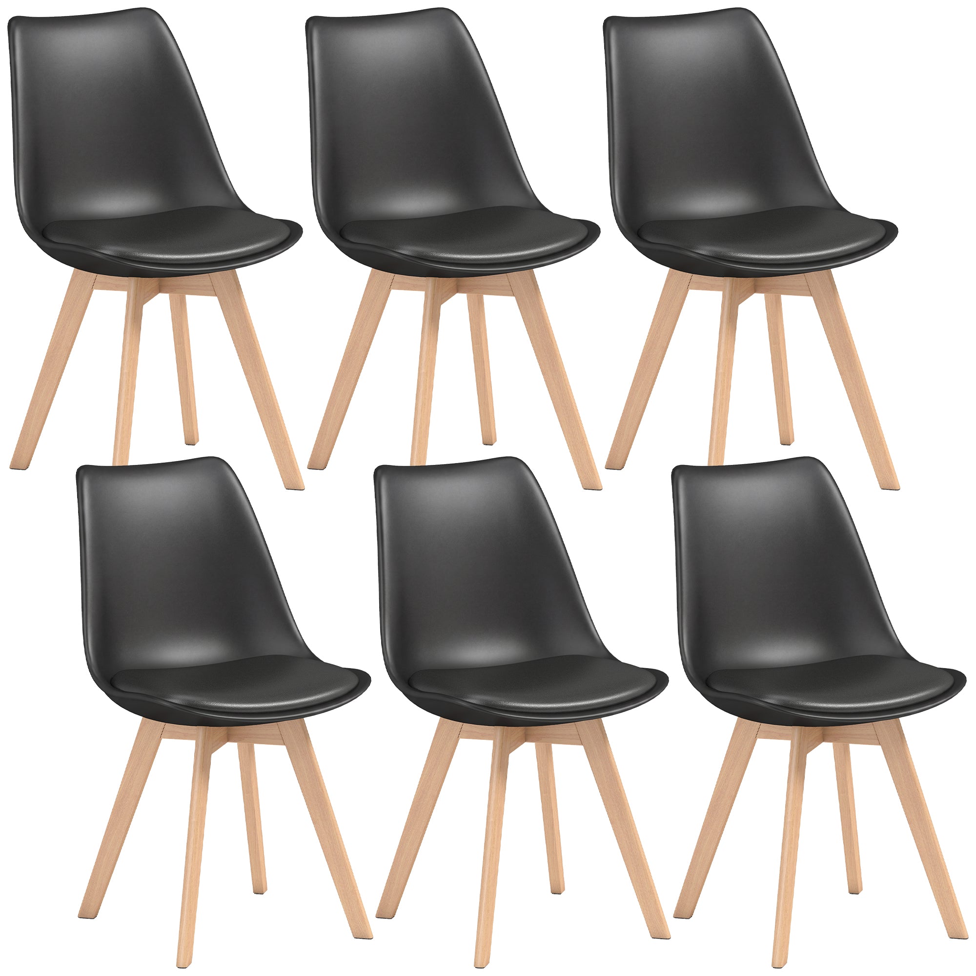 Dining Chairs Set of 6, Modern Kitchen Chairs with PU Leather Cushion and Wood Base, Upholstered Accent Chairs for Living Room and Dining Room, Black
