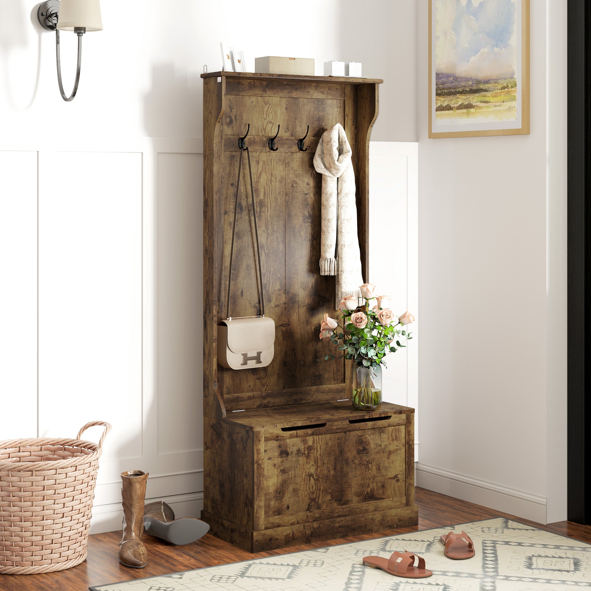 4-In-1 Hall Tree with Bench, 28" Coat Rack with Flip Top Storage Box, 4 Hooks and Top Shelf for Entryway, Hallway, Living Room, Rustic Brown