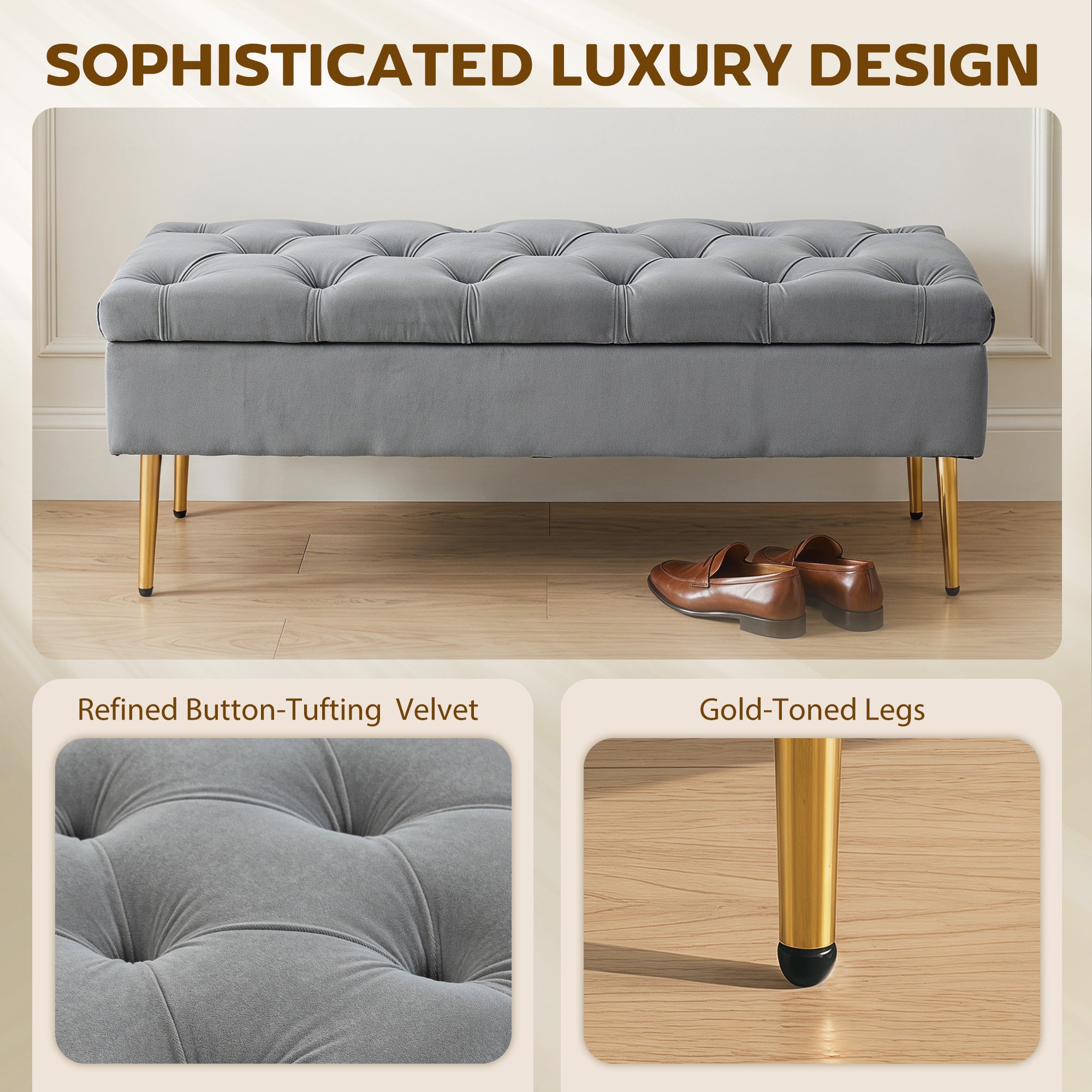 Upholstered Bedroom Bench with Gold Tone Metal Legs, Velvet Button-Tufted Storage Bench, Bench Seat with Thick Padding, Ottoman Bench for Living Room, Hallway, Grey