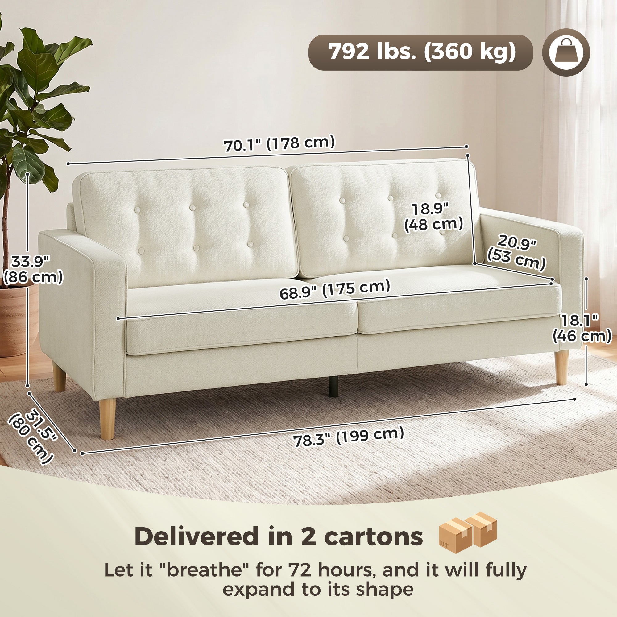 3 Seater Sofa, Upholstered Couch for Bedroom, Modern Sofa Settee with Padded Cushion, Button Tufting and Wood Legs for Living Room, Cream White