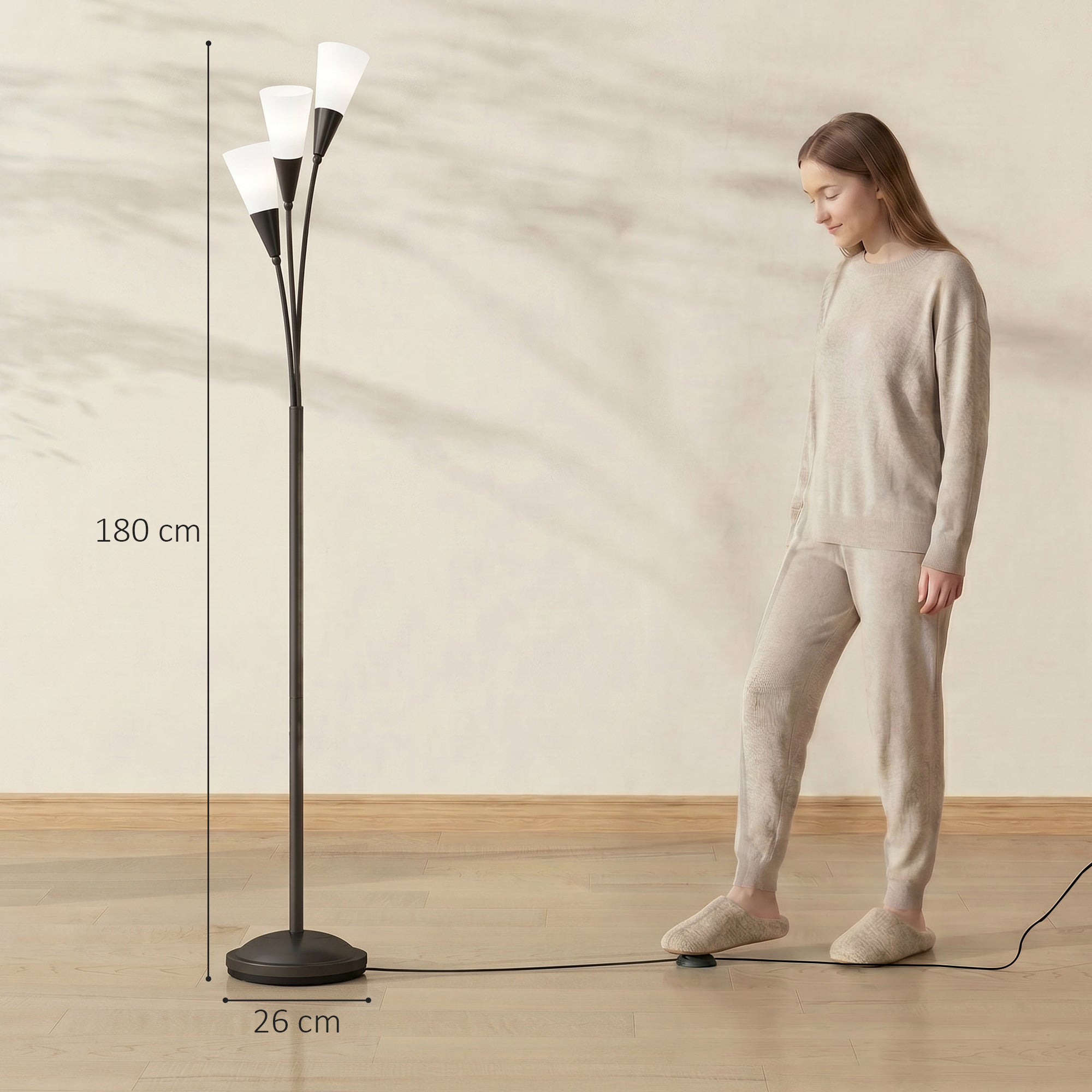 3-Light Upright Floor Lamps for Living Room, Modern Standing Lamp for Bedroom with Steel Base, Bulb not Included, Black