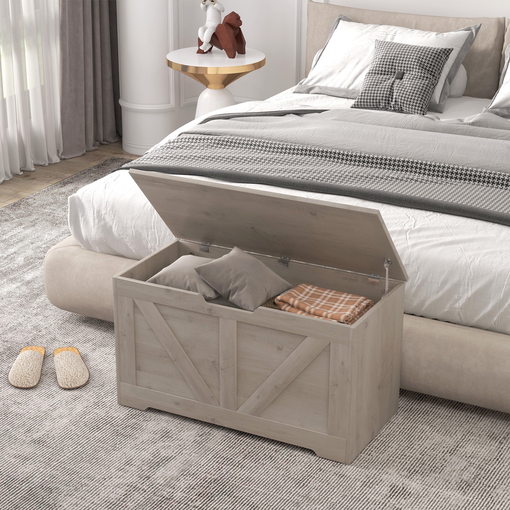 HOMCOM 100L Storage Chest, Storage Trunk with 2 Safety Hinges and U-shaped Cut-out Pull, Storage Box for Living Room, Entryway, 80 x 40 x 45 cm, Grey Wood Grain