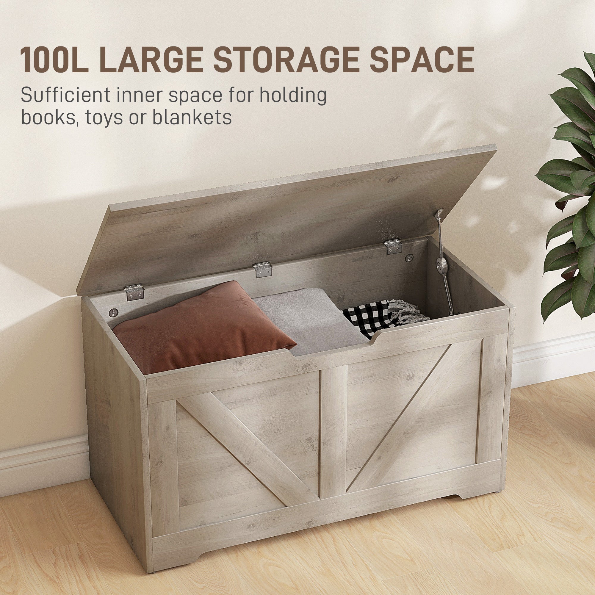HOMCOM 100L Storage Chest, Storage Trunk with 2 Safety Hinges and U-shaped Cut-out Pull, Storage Box for Living Room, Entryway, 80 x 40 x 45 cm, Grey Wood Grain