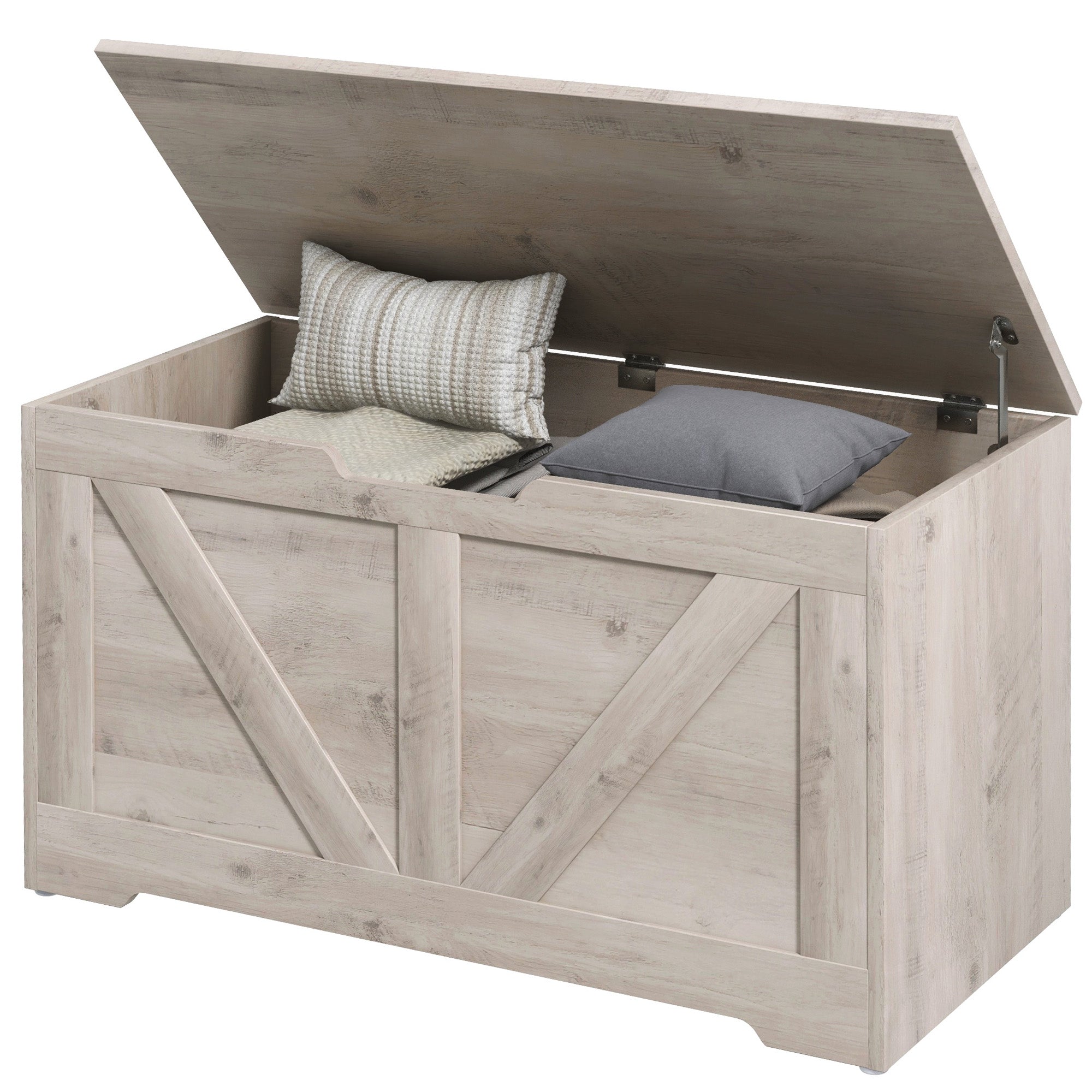 HOMCOM 100L Storage Chest, Storage Trunk with 2 Safety Hinges and U-shaped Cut-out Pull, Storage Box for Living Room, Entryway, 80 x 40 x 45 cm, Grey Wood Grain