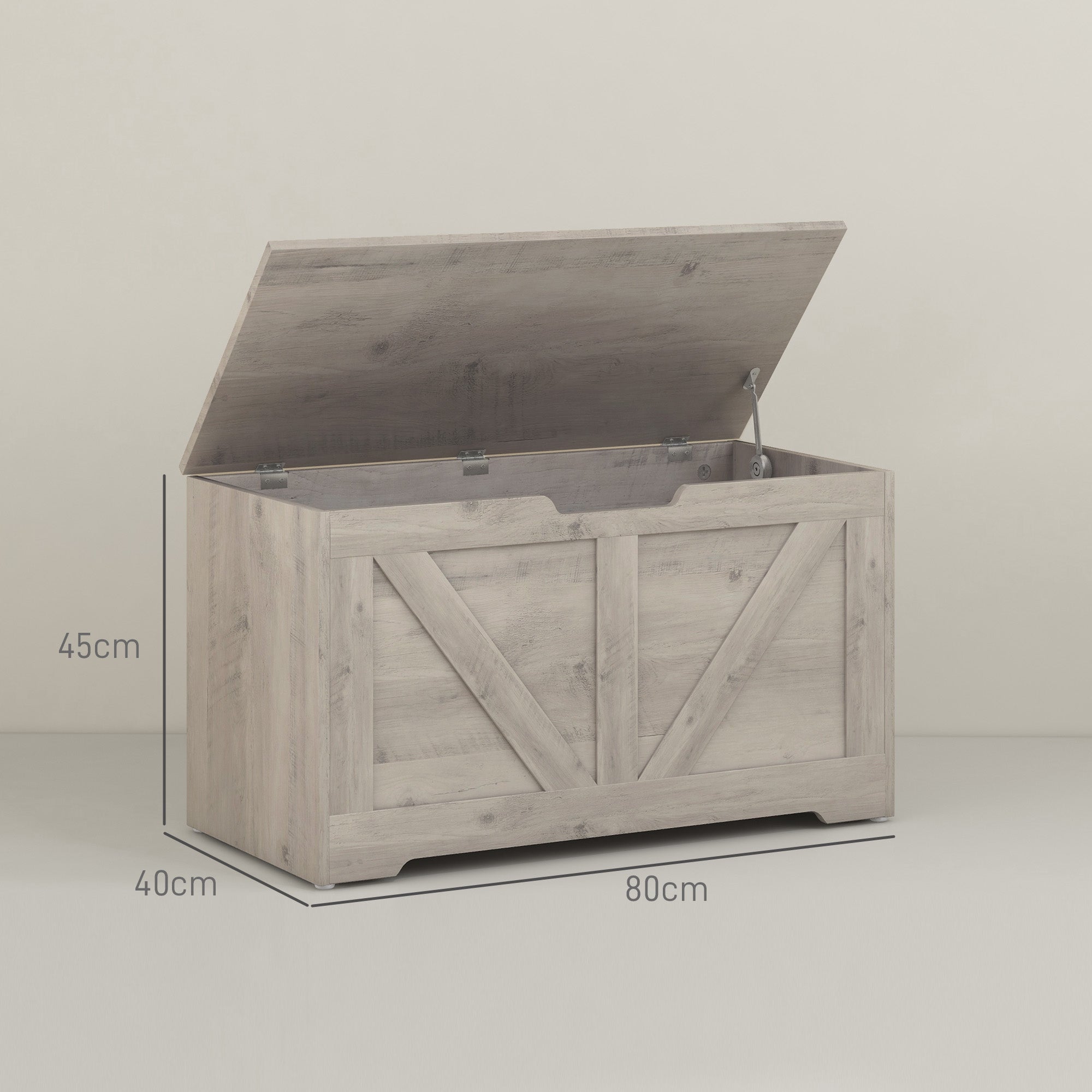 HOMCOM 100L Storage Chest, Storage Trunk with 2 Safety Hinges and U-shaped Cut-out Pull, Storage Box for Living Room, Entryway, 80 x 40 x 45 cm, Grey Wood Grain