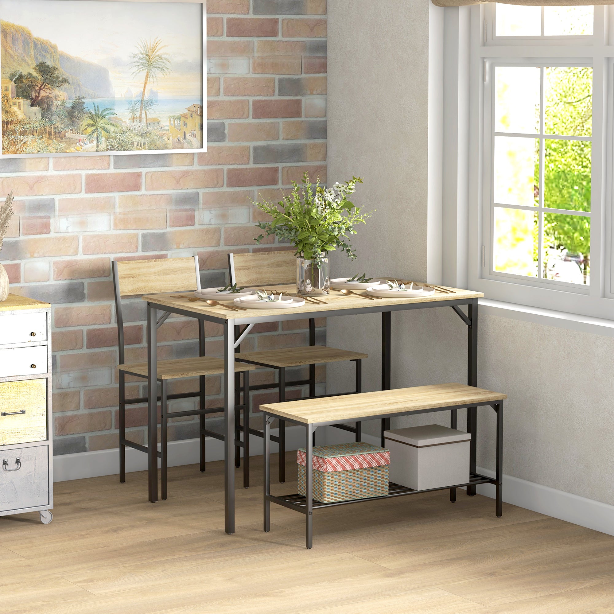 HOMCOM 4 Piece Dining Table and Chairs Set, Industrial Kitchen Table Set of 4 with 2 Chairs and Bench, Space Saving Table and Chairs with Shelf for Small Spaces, Natural Wood Effect