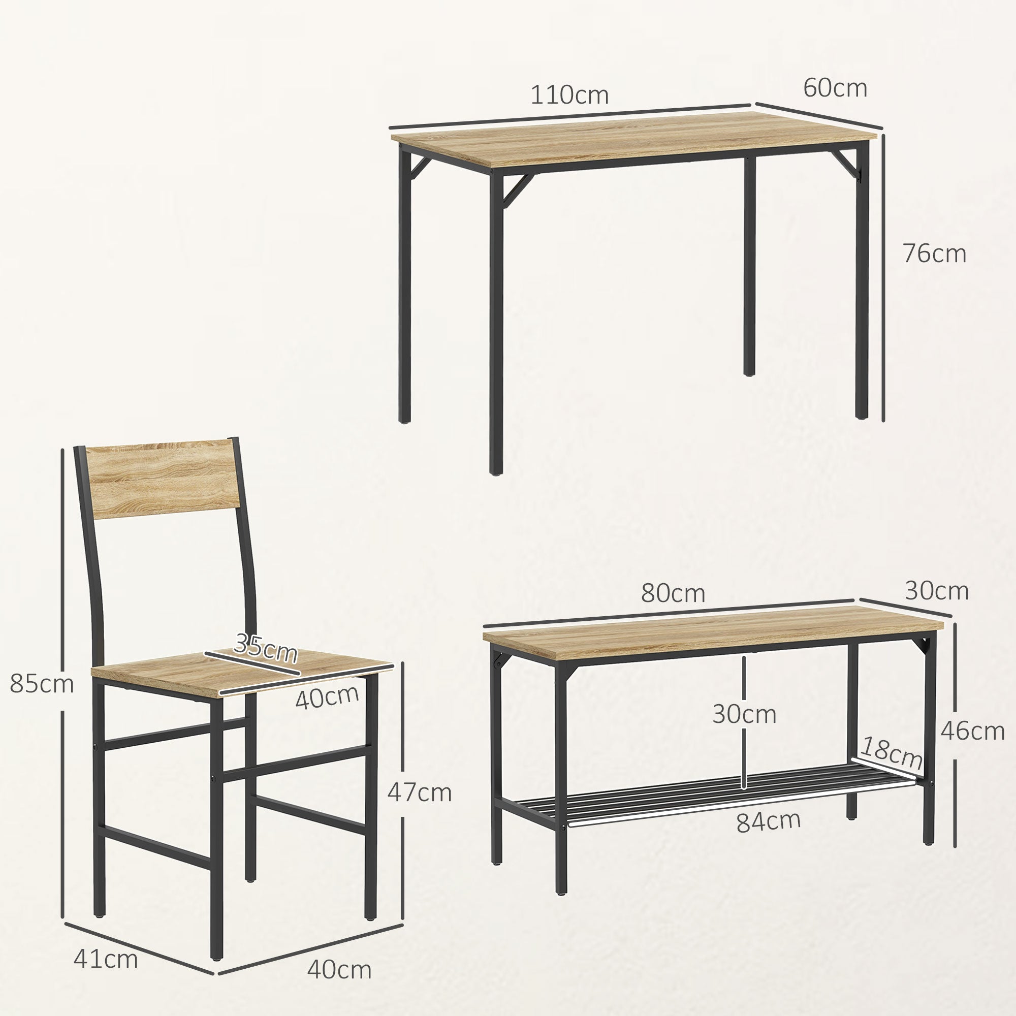 HOMCOM 4 Piece Dining Table and Chairs Set, Industrial Kitchen Table Set of 4 with 2 Chairs and Bench, Space Saving Table and Chairs with Shelf for Small Spaces, Natural Wood Effect