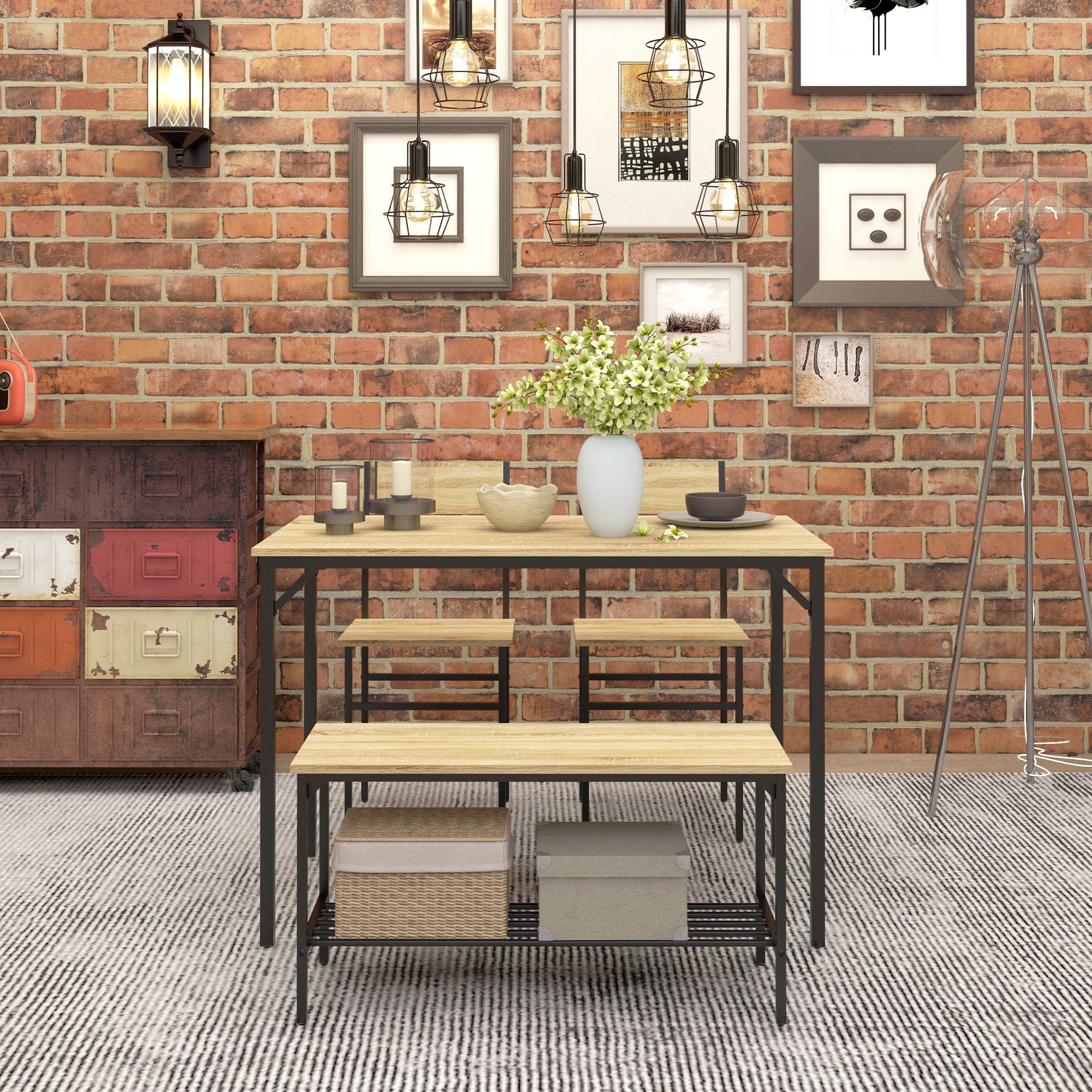 HOMCOM 4 Piece Dining Table and Chairs Set, Industrial Kitchen Table Set of 4 with 2 Chairs and Bench, Space Saving Table and Chairs with Shelf for Small Spaces, Natural Wood Effect
