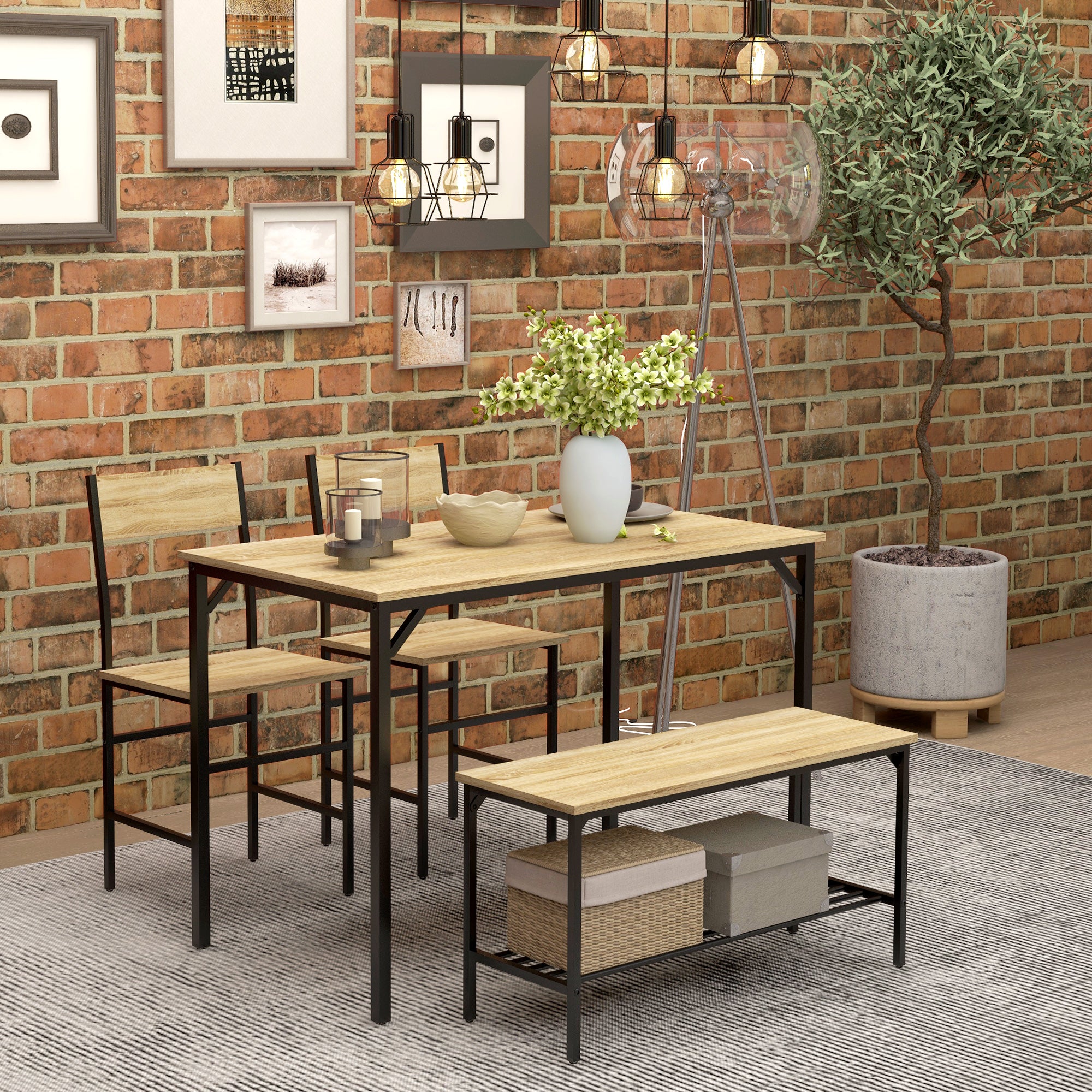 HOMCOM 4 Piece Dining Table and Chairs Set, Industrial Kitchen Table Set of 4 with 2 Chairs and Bench, Space Saving Table and Chairs with Shelf for Small Spaces, Natural Wood Effect