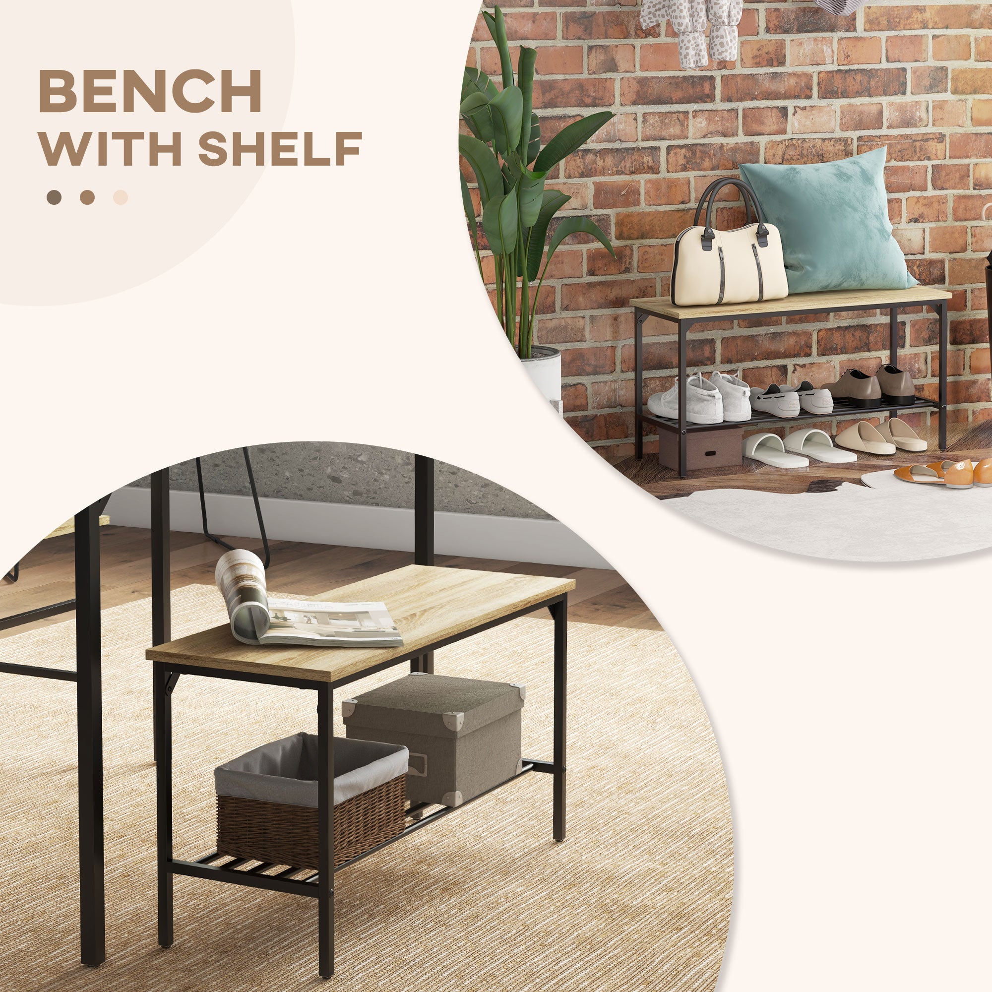 HOMCOM 4 Piece Dining Table and Chairs Set, Industrial Kitchen Table Set of 4 with 2 Chairs and Bench, Space Saving Table and Chairs with Shelf for Small Spaces, Natural Wood Effect