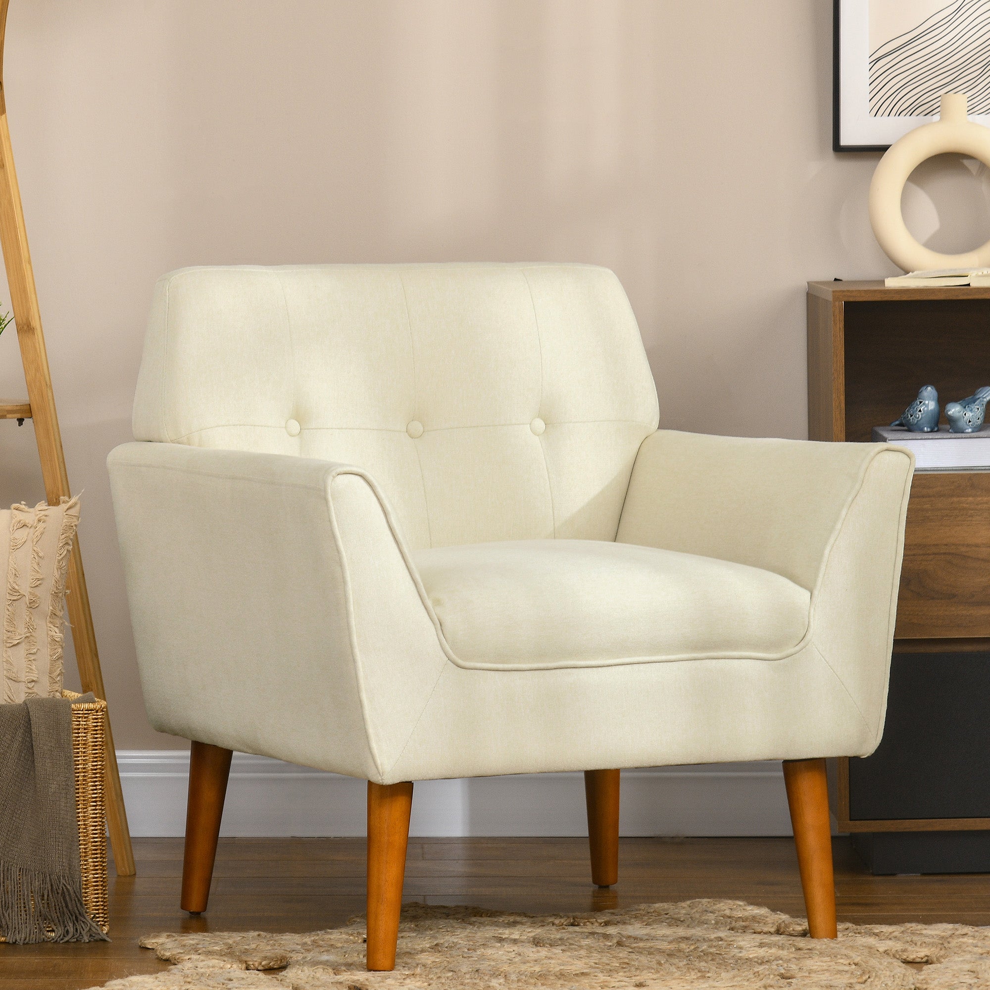 Traditional Living Room Chair Armchair with Button Tufted Back Single Sofa with Thick Padding Beige