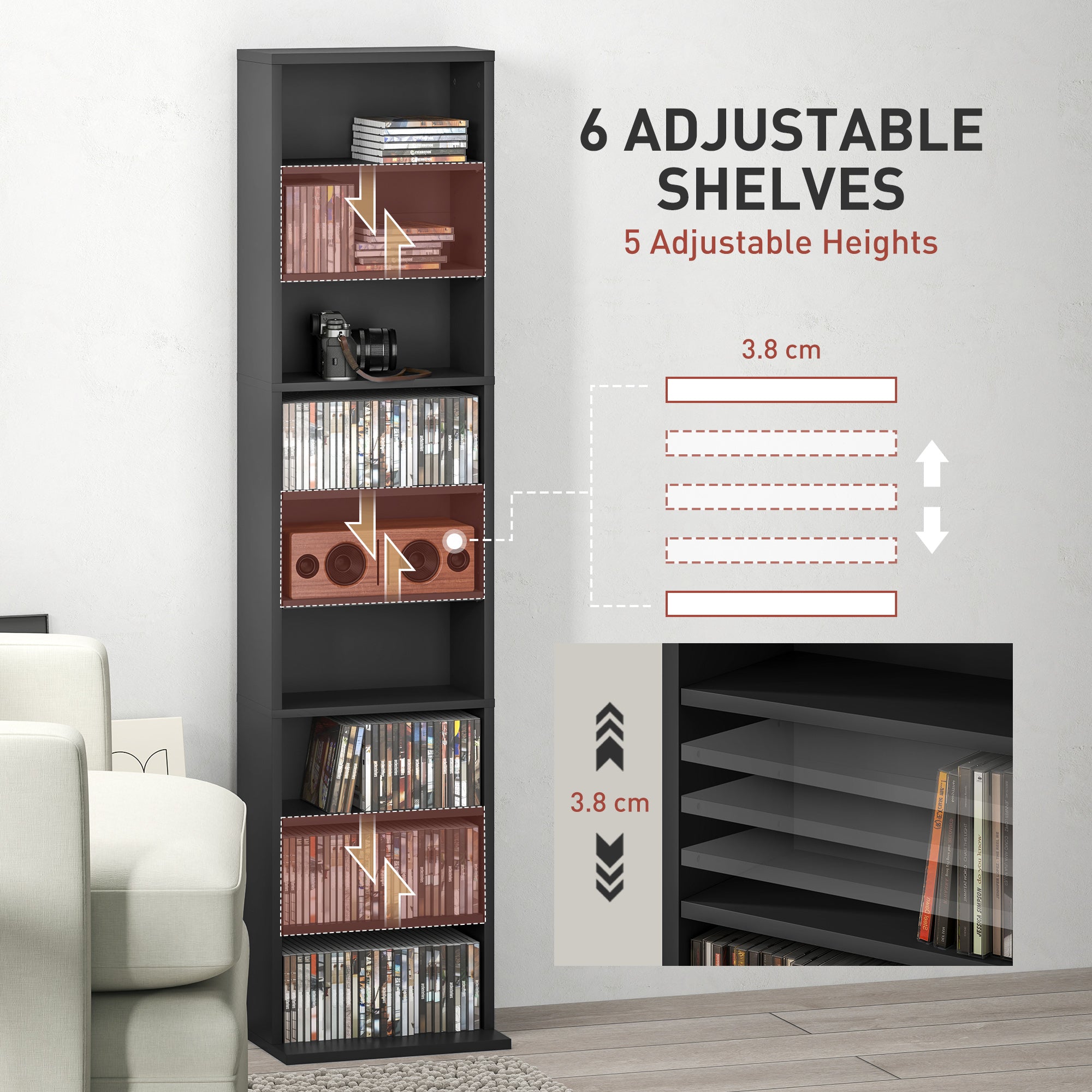 Media Storage Cabinet, 9-Tier Tall Narrow DVD Shelf with 6 Adjustable Shelves, Display Shelf, Holds 260 CDs, 120 DVDs, Black