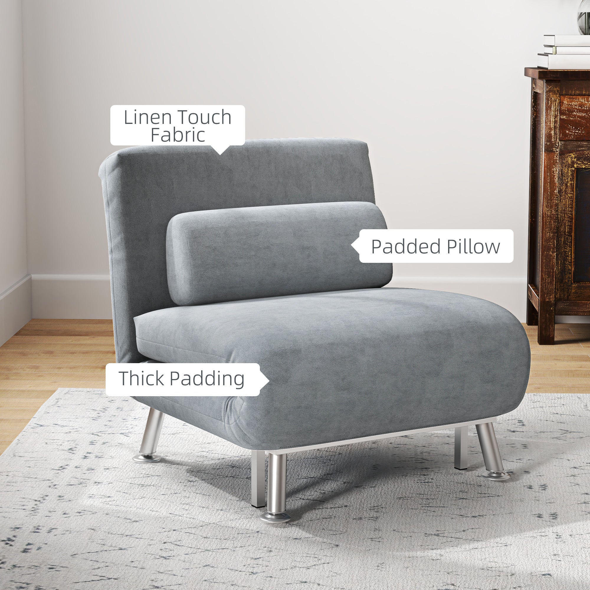 HOMCOM Velvet Single Chair Bed, 3-in-1 Convertible Sleeper Chair with Adjustable Backrest, Pillow, for Living Room, Bedroom, Grey