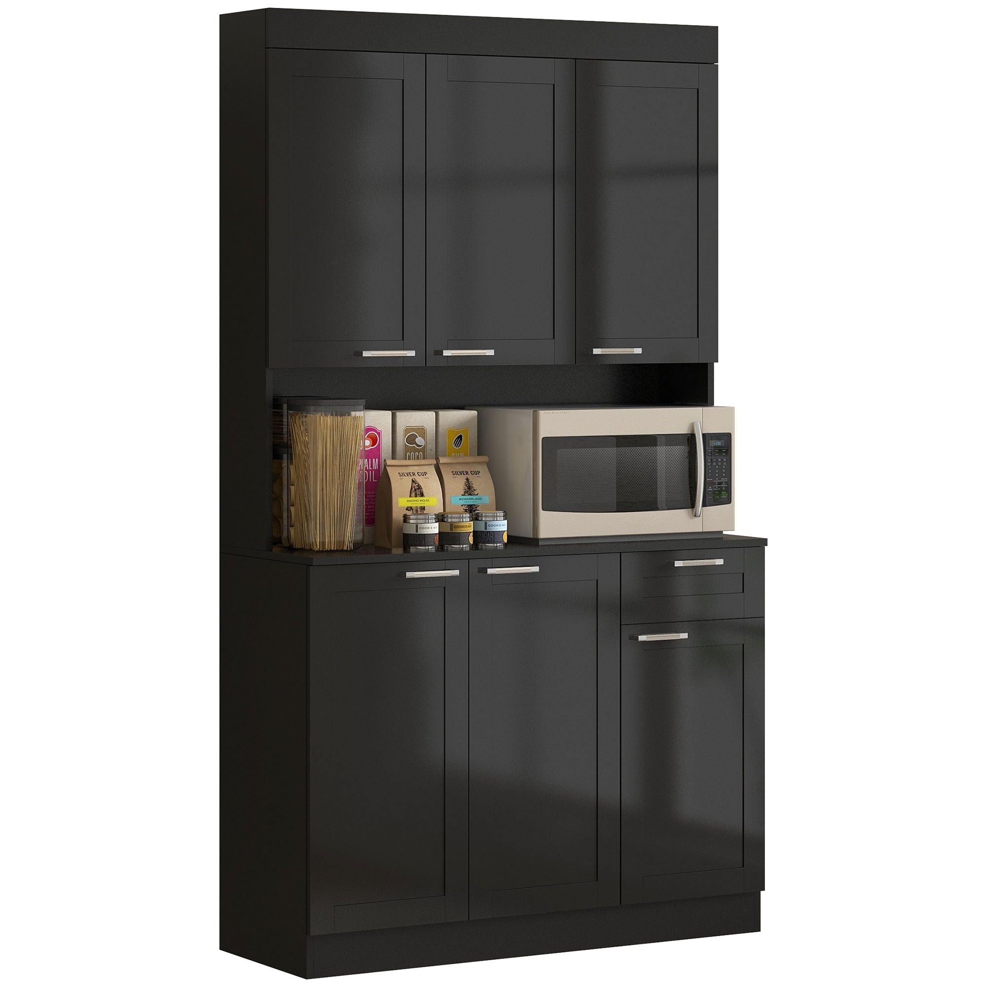 HOMCOM Pantry Storage Cabinet, Kitchen Hutch with Microwave Oven Countertop, Drawer, Adjustable Shelves, Cable Management, High Gloss Black