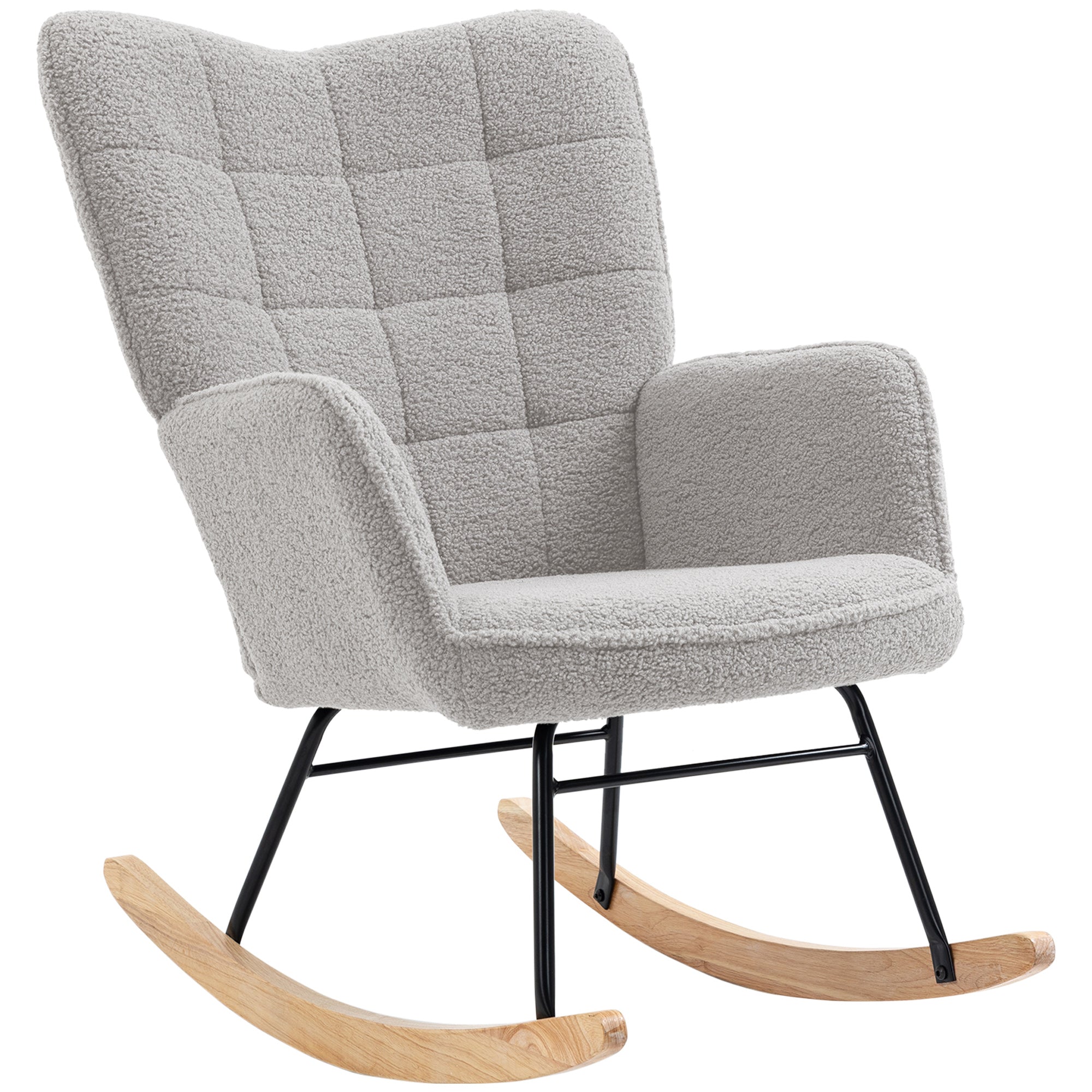 HOMCOM Wingback Rocking Chair for Nursing, Berber Fleece Nursery Glider Rocker, Modern Armchair for Living Room, Light Grey