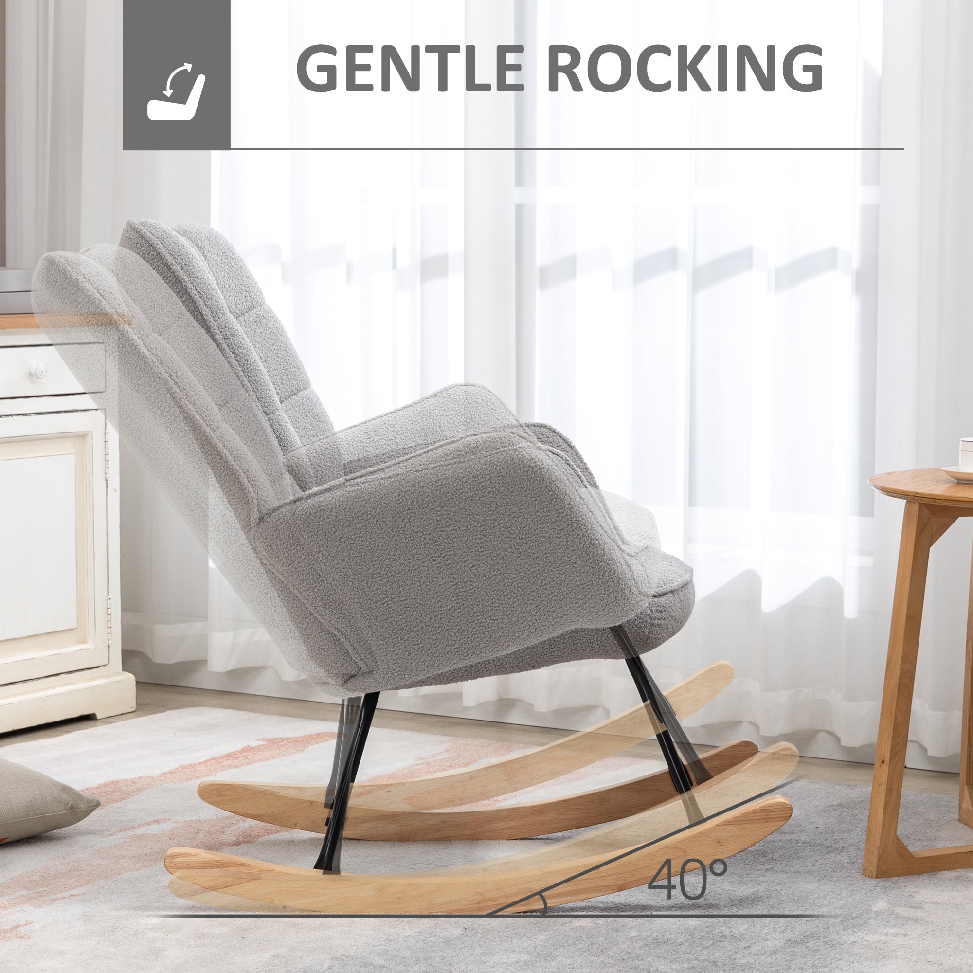 HOMCOM Wingback Rocking Chair for Nursing, Berber Fleece Nursery Glider Rocker, Modern Armchair for Living Room, Light Grey