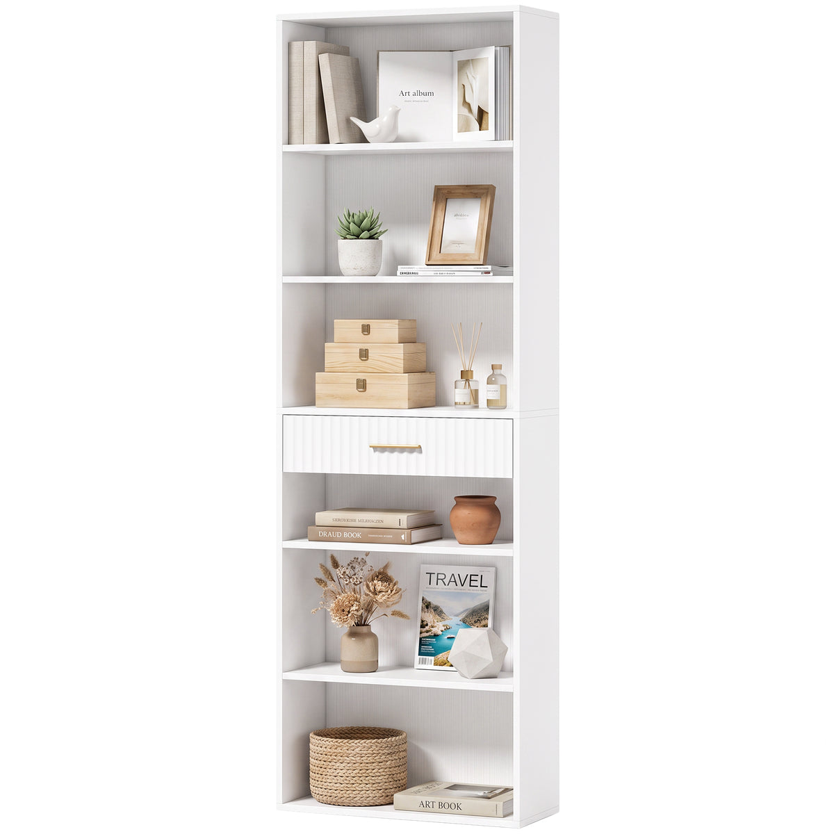 Tall Bookcase with Cubes, 7-Tier Bookshelf with Drawer, Freestanding Shelving Unit, 60 x 24 x 182 cm, Space-Saving for Study, Home Office, Living Room, White