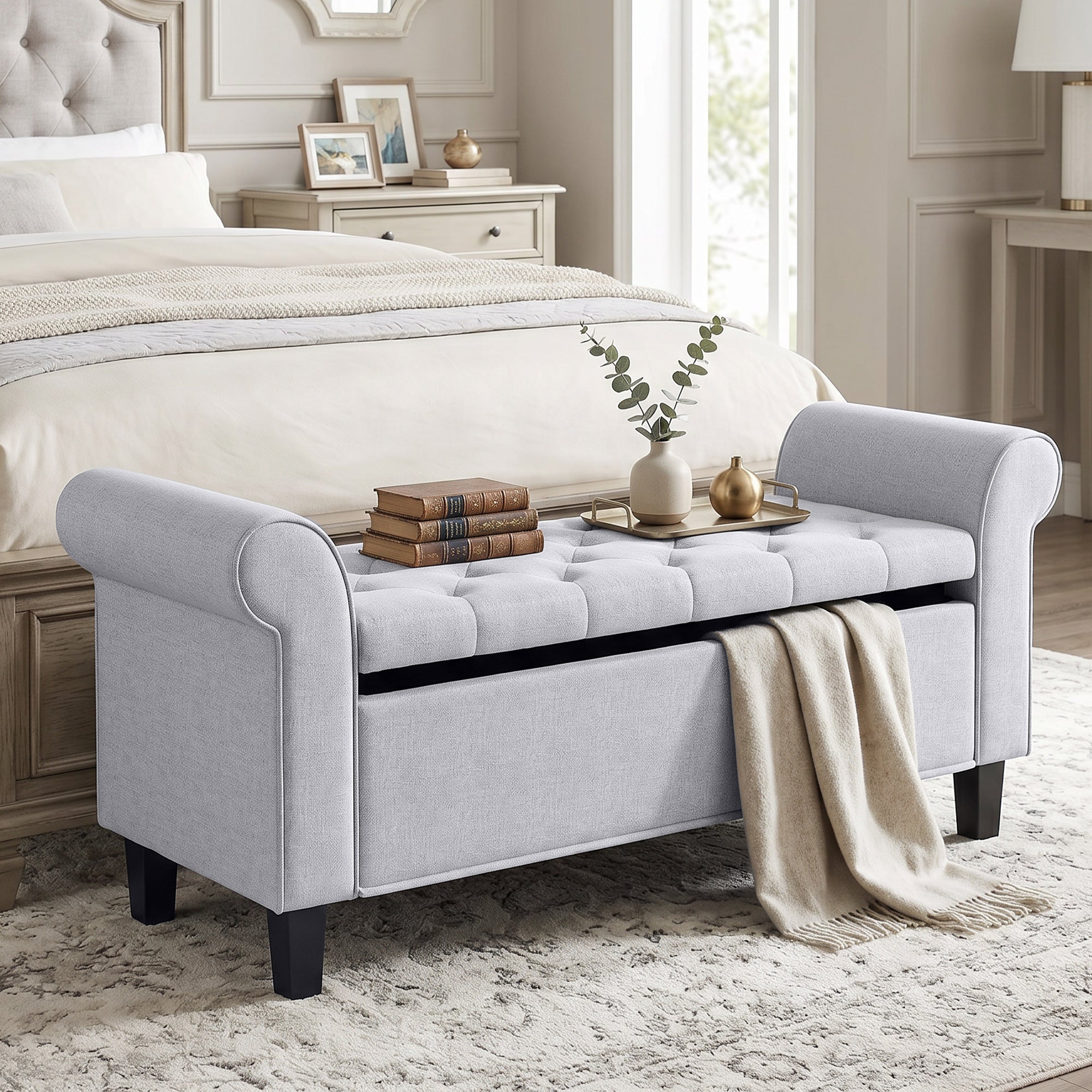 47" Storage Ottoman Bench, Tufted Long Ottoman with Storage Chest, Rolled Arms, Safety Hinge, Wooden Legs, Upholstered End of Bed Bench, 528 lbs for Bedroom, Entryway, Living Room, Light Gray