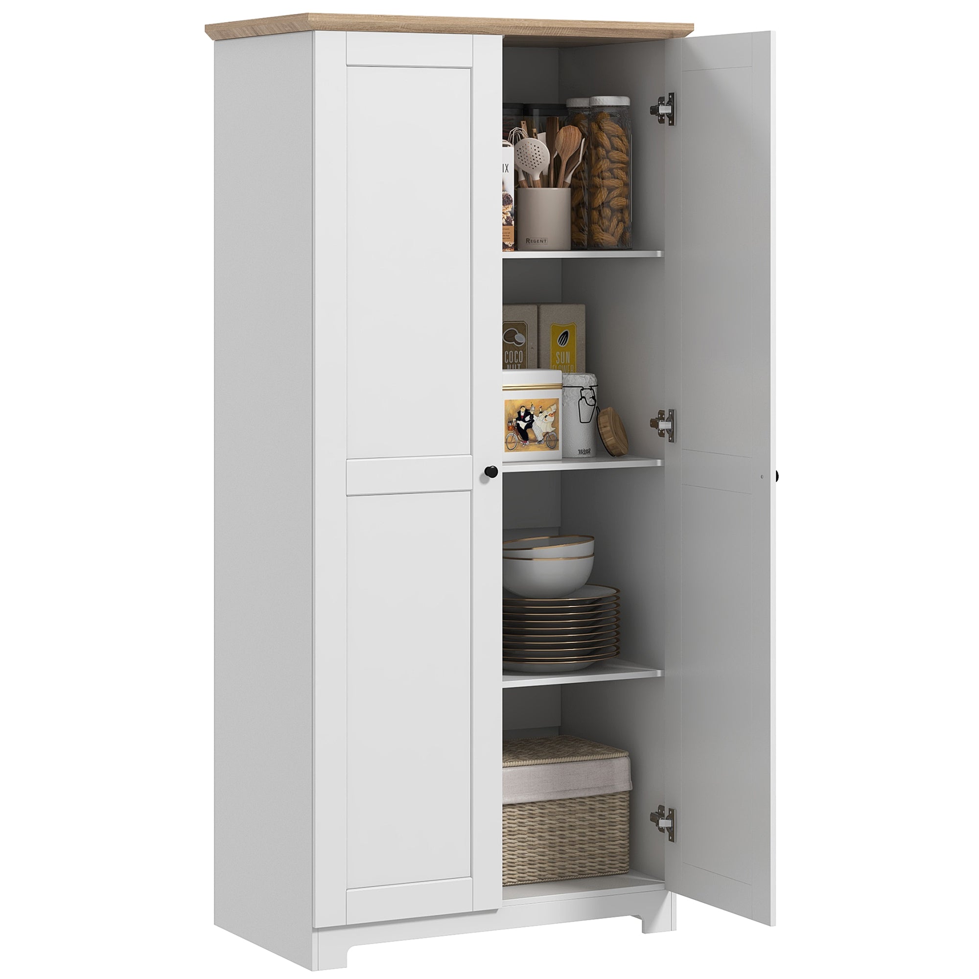 172cm Kitchen Cupboard, Freestanding Storage Cabinet with Doors and Shelves, Modern 2-Door Kitchen Pantry Cupboard for Dining Room, White