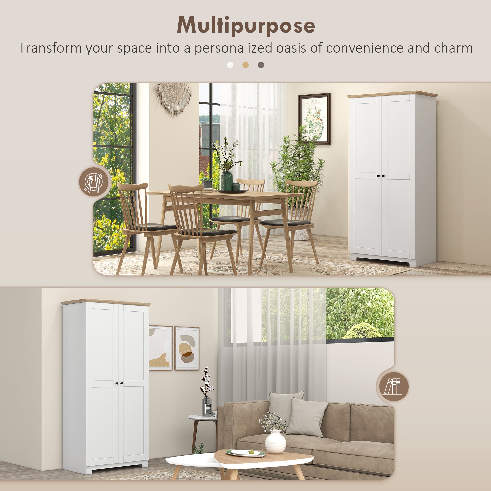 172cm Kitchen Cupboard, Freestanding Storage Cabinet with Doors and Shelves, Modern 2-Door Kitchen Pantry Cupboard for Dining Room, White