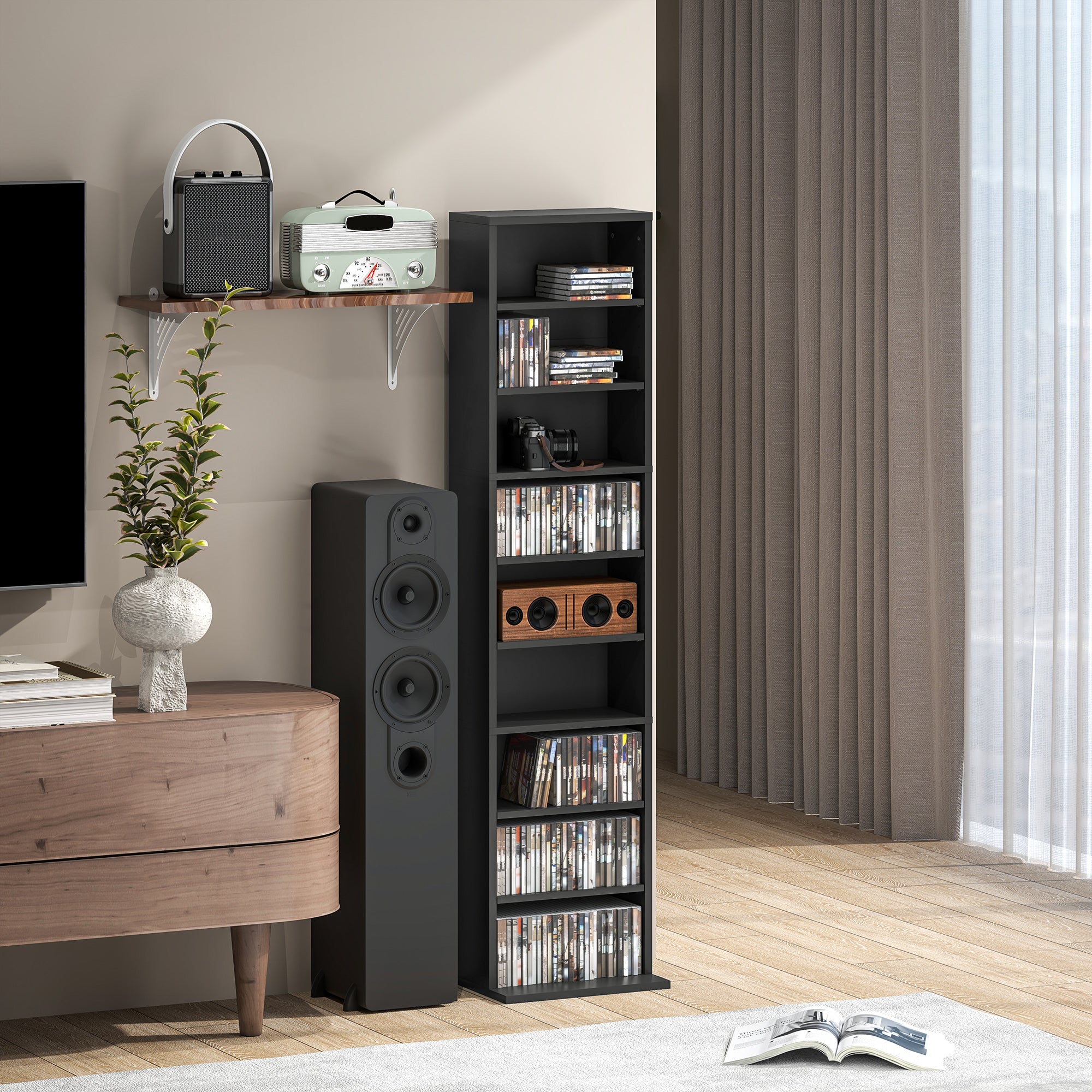 Media Storage Cabinet, 9-Tier Tall Narrow DVD Shelf with 6 Adjustable Shelves, Display Shelf, Holds 260 CDs, 120 DVDs, Black