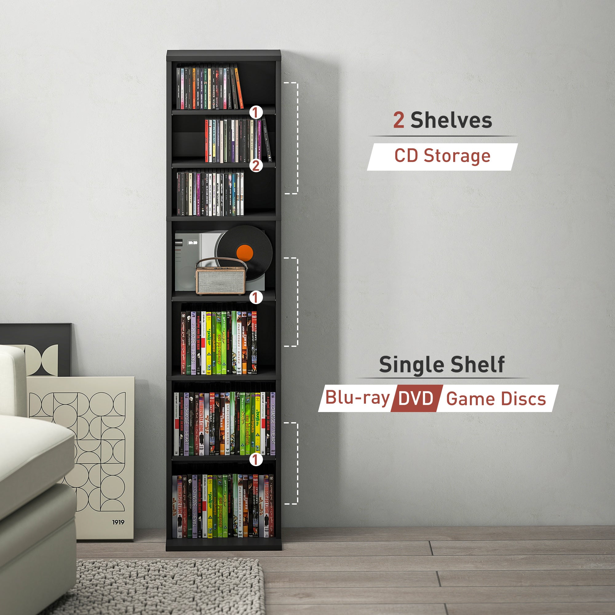 Media Storage Cabinet, 9-Tier Tall Narrow DVD Shelf with 6 Adjustable Shelves, Display Shelf, Holds 260 CDs, 120 DVDs, Black