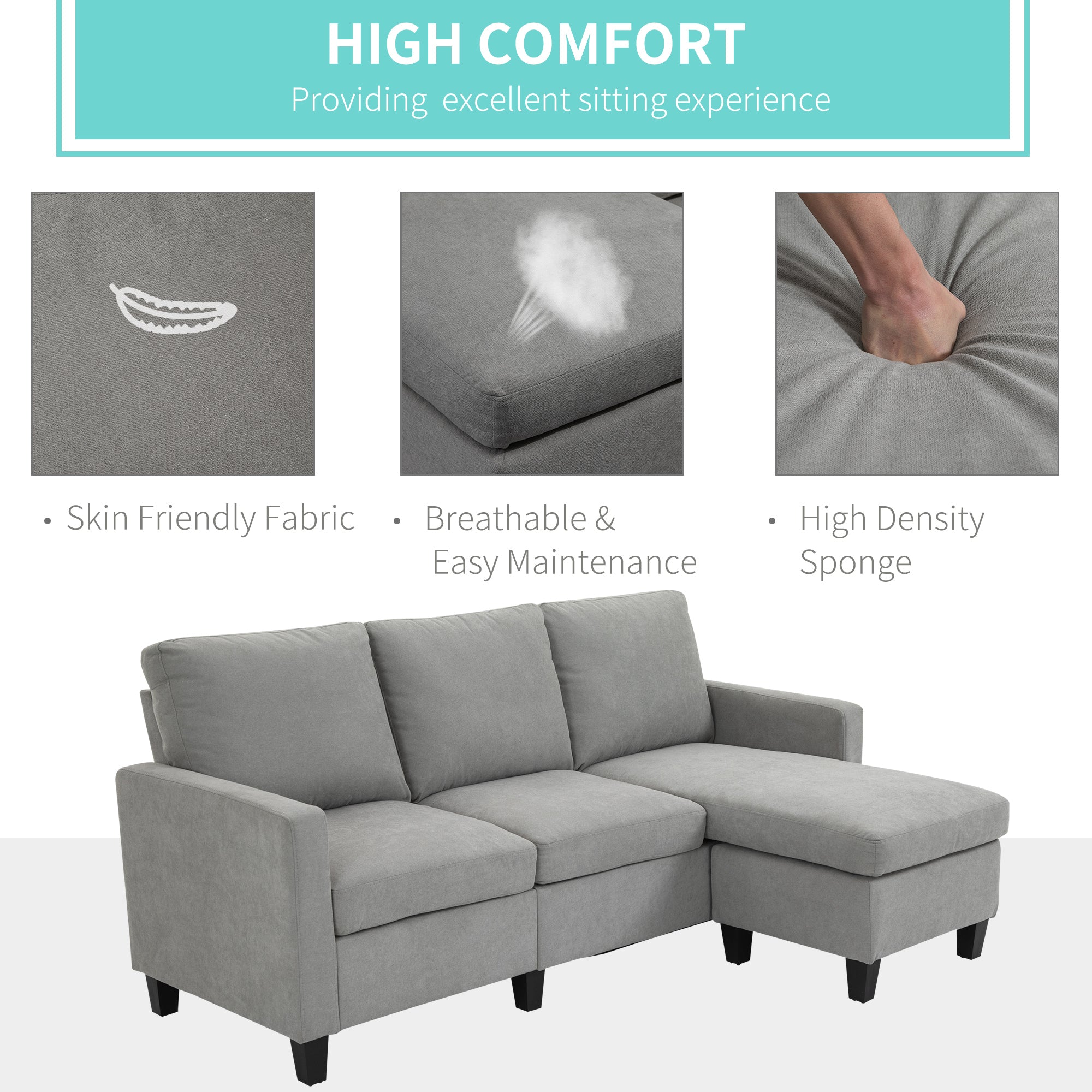 HOMCOM Sectional Sofa, L Shape Couch with Ottoman, Modern Sectional Couch for Living Room, Light Grey