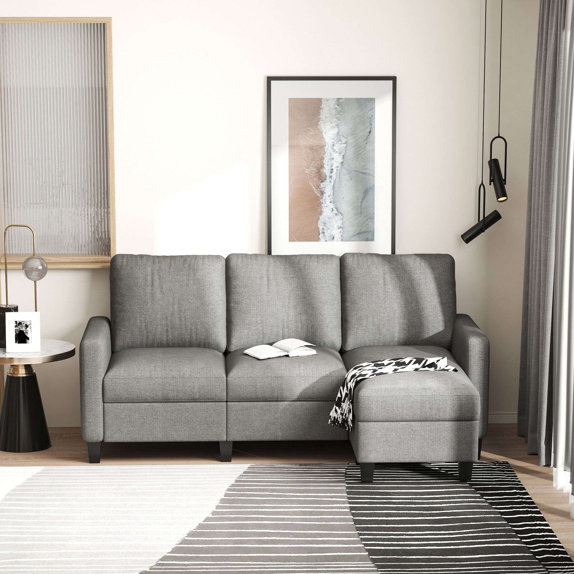 HOMCOM Sectional Sofa, L Shape Couch with Ottoman, Modern Sectional Couch for Living Room, Light Grey