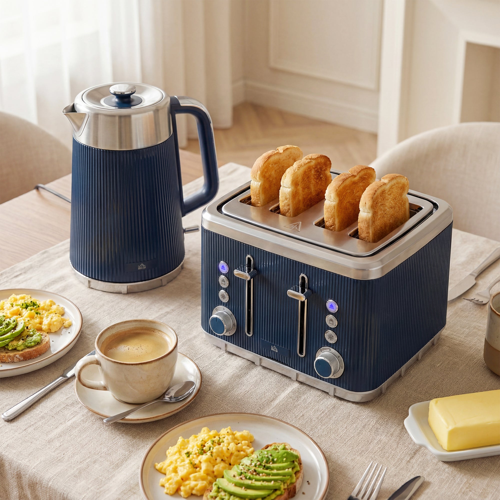 Electric Stainless Steel Kettle and Toaster Set, 3000W 1.7L UK Strix Thermostat Fast Boil Kettle w/ Limescale Filter, Cool Touch Body, 4 Slice Toaster with 7 Browning Levels, Dark Blue