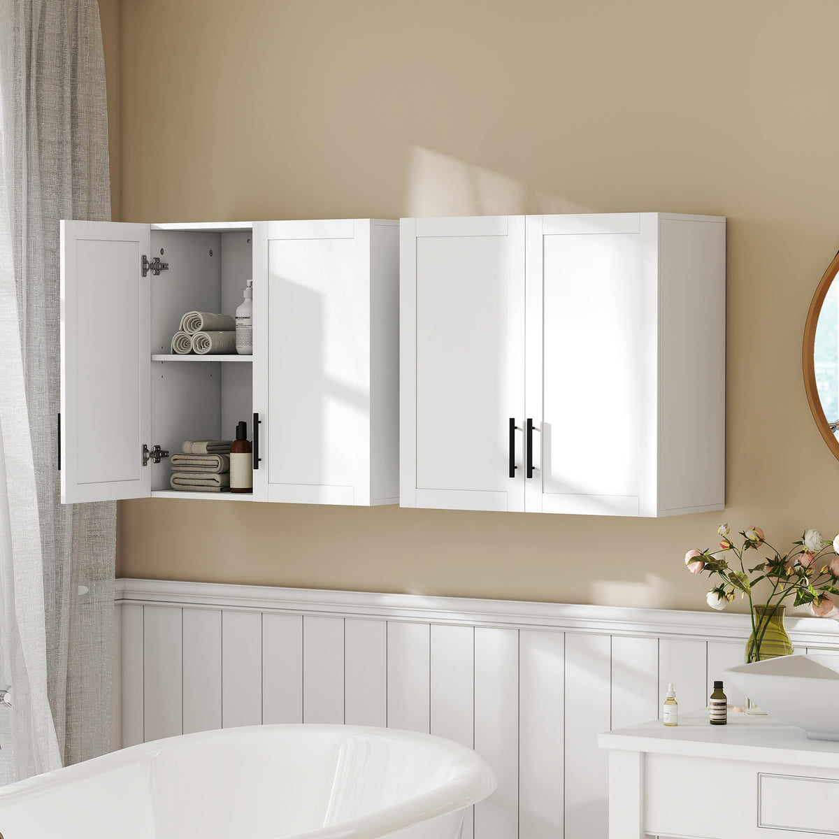 2-Piece Bathroom Wall Cabinet, Wall Mounted Over the Toilet Space Saver with 2 Doors and Adjustable Shelf Storage for Bathroom, White