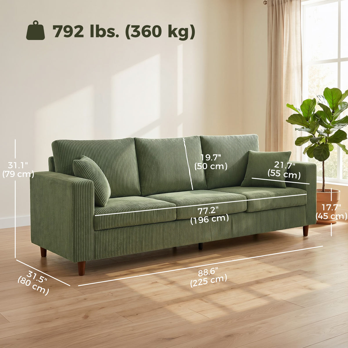 89" Corduroy Couch, Modern 3 Seater Sofa with Wide Deep Seat, Wide Armrests, Spring Cushion, Thick Padded, Solid Wood Legs, Fabric Sofa for Living Room, Green