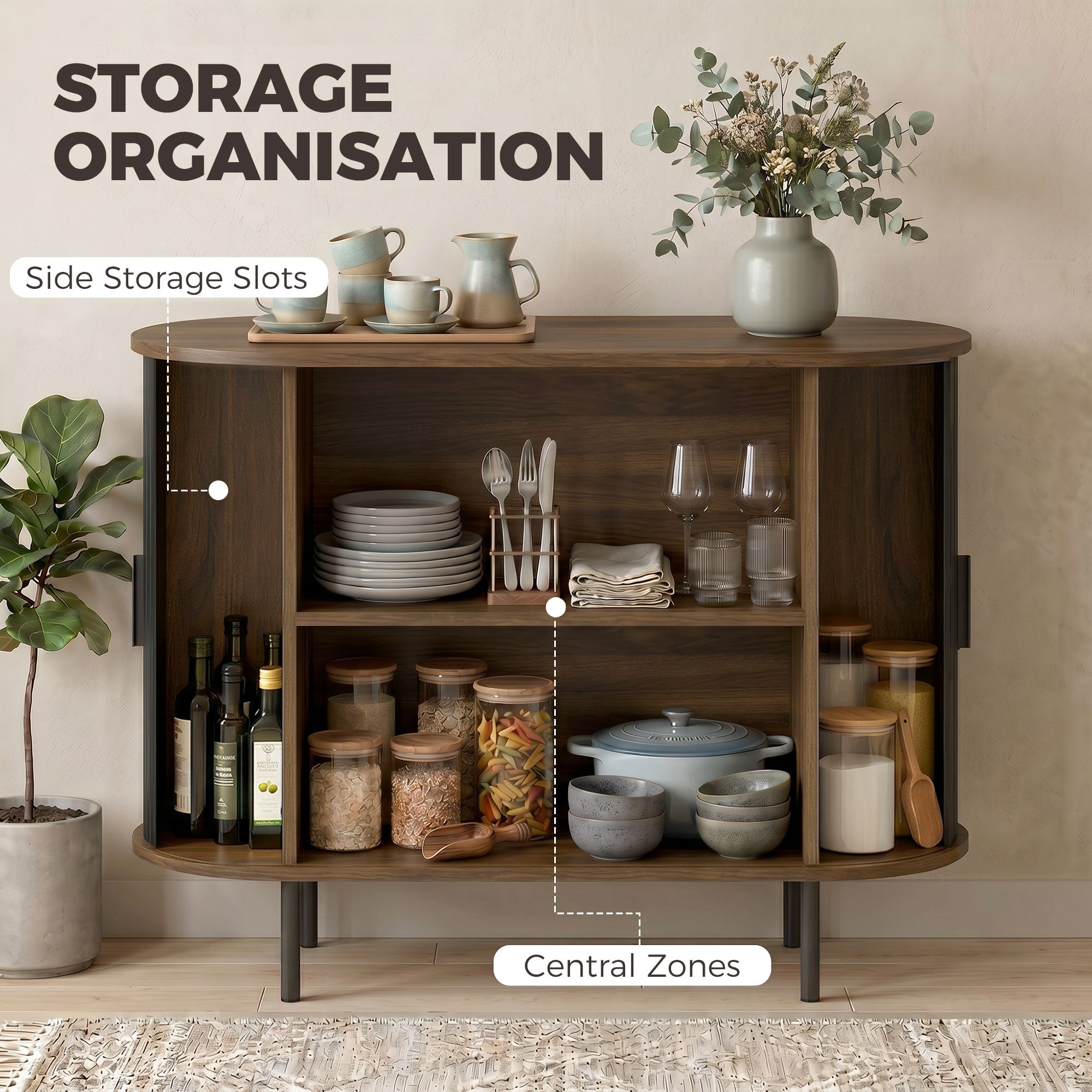 Sideboard Buffet Cabinet with Curved Tambour Doors, 39.4" Farmhouse Coffee Bar Cabinet with Shelves and Side Slots, Brown Wood Grain and Black