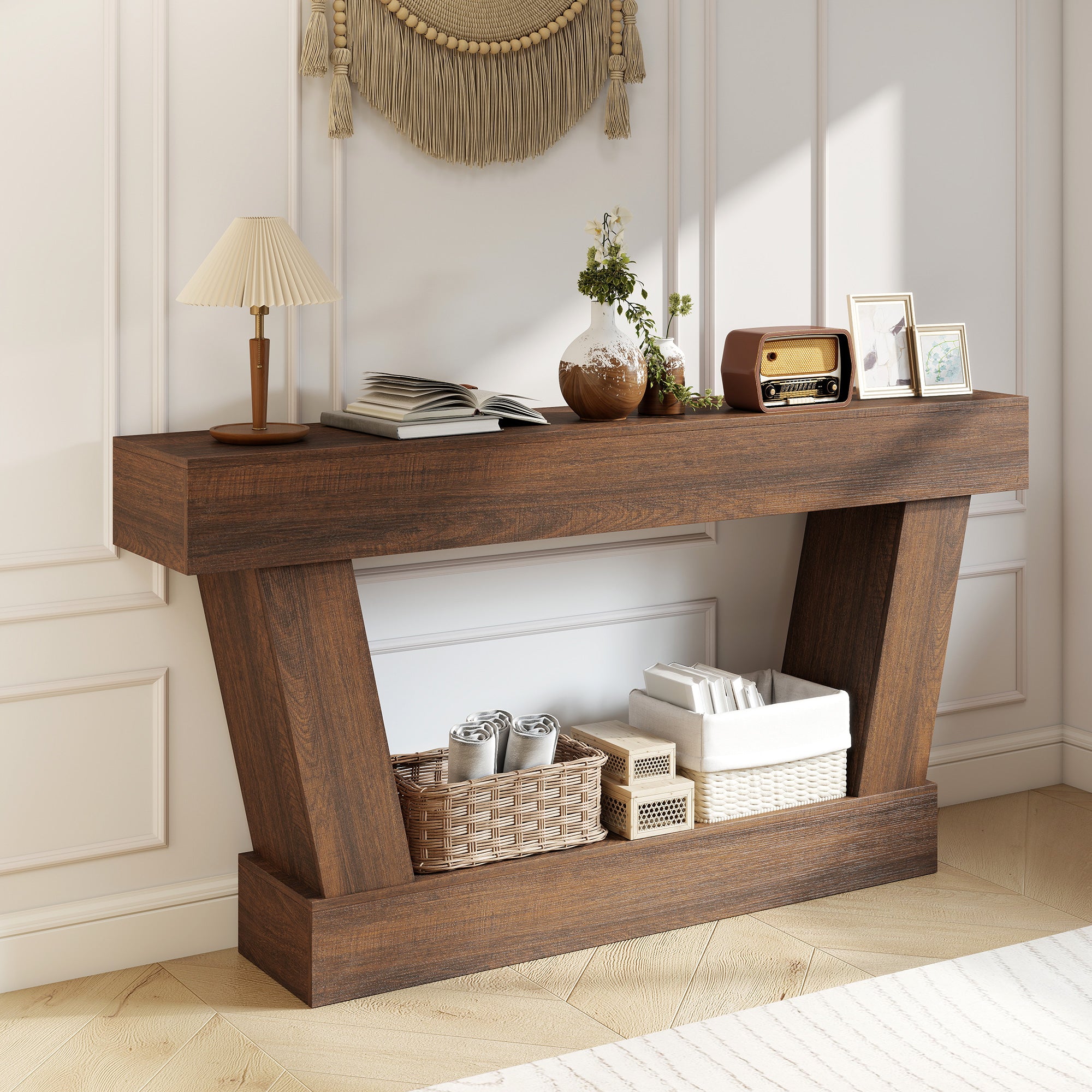 63 Inch Vintage Entryway Table, Narrow Console Tables For Entryway, Sofa Table Behind Couch with Open Shelf, for Living Room, Hallway, Brown