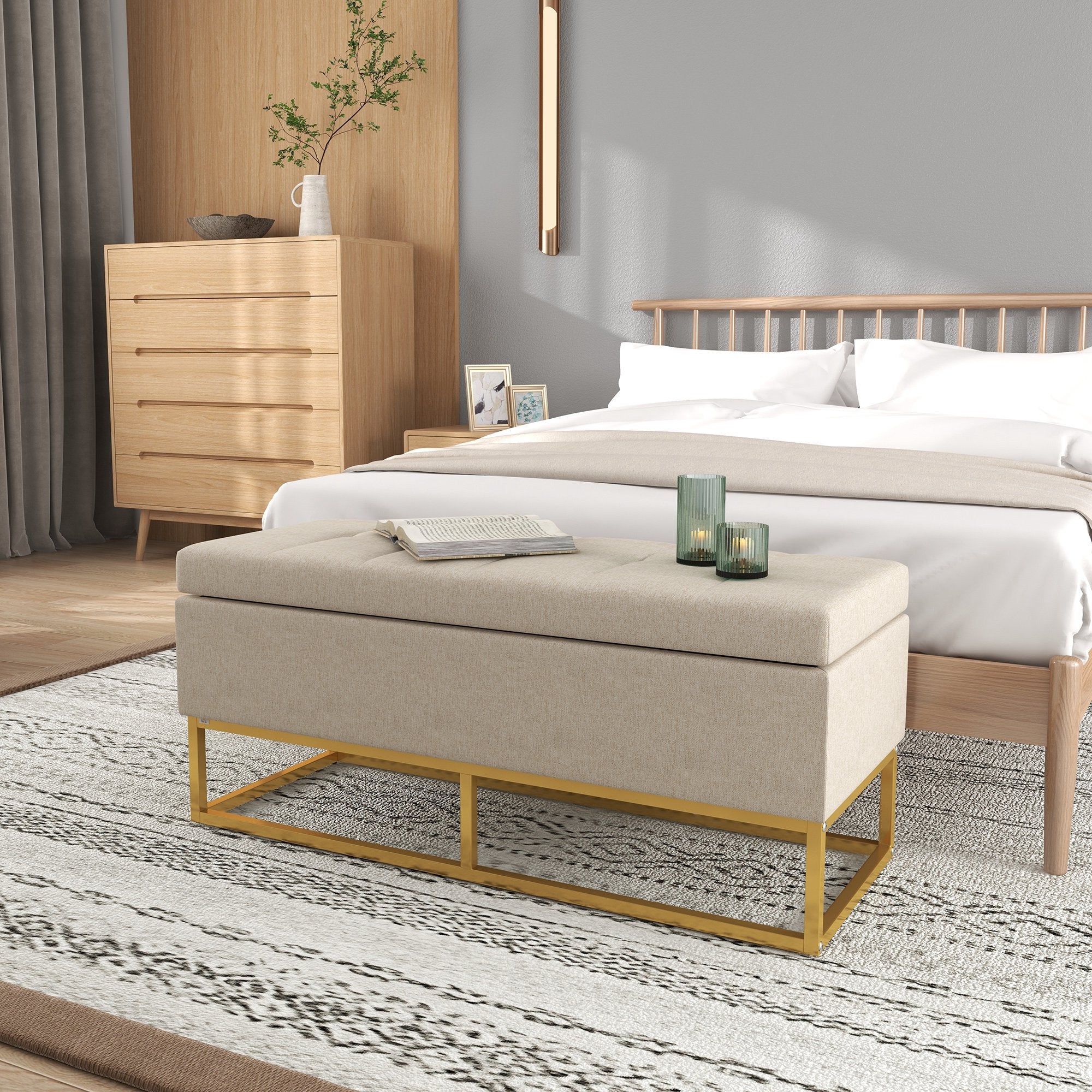 HOMCOM Storage Ottoman with Flip Top, Upholstered Storage Bench, Linen Fabric Footstool with Steel Legs for Living Room, Bedroom, Beige