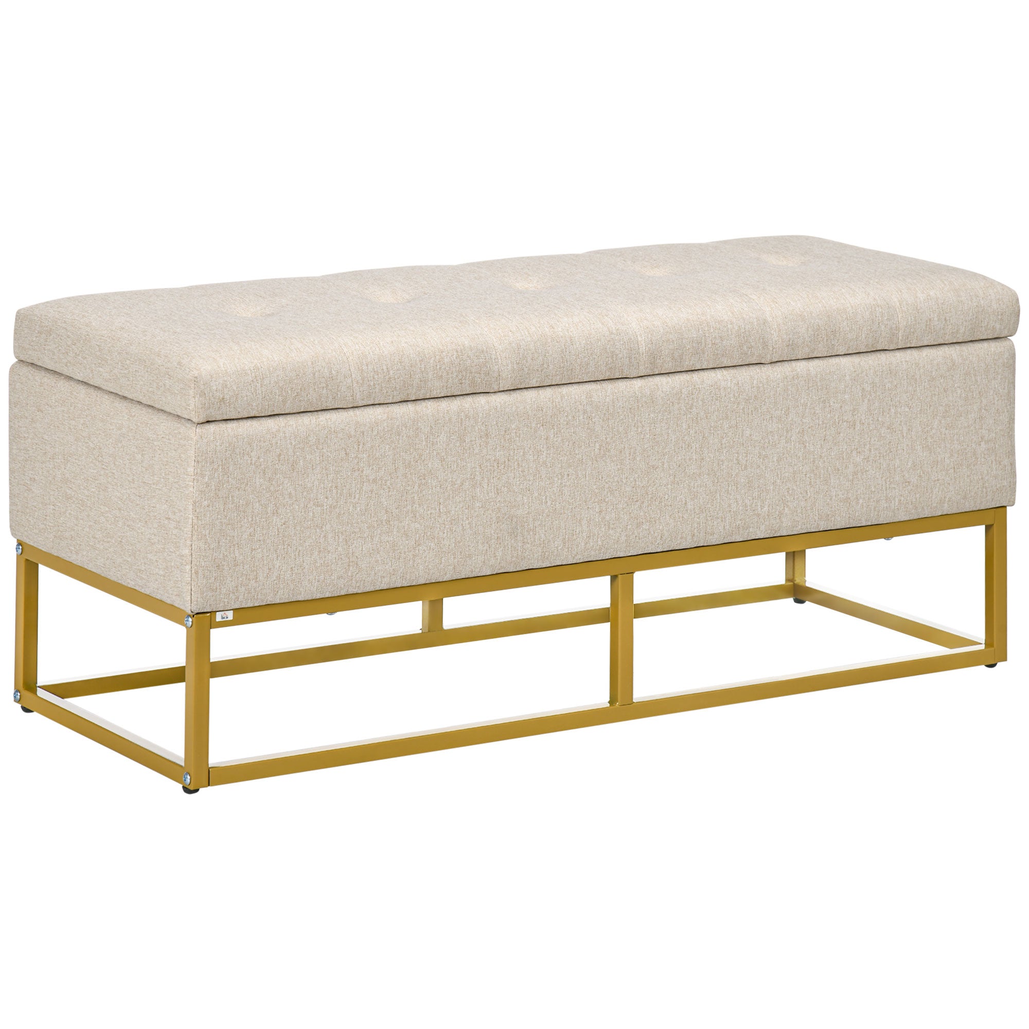 HOMCOM Storage Ottoman with Flip Top, Upholstered Storage Bench, Linen Fabric Footstool with Steel Legs for Living Room, Bedroom, Beige