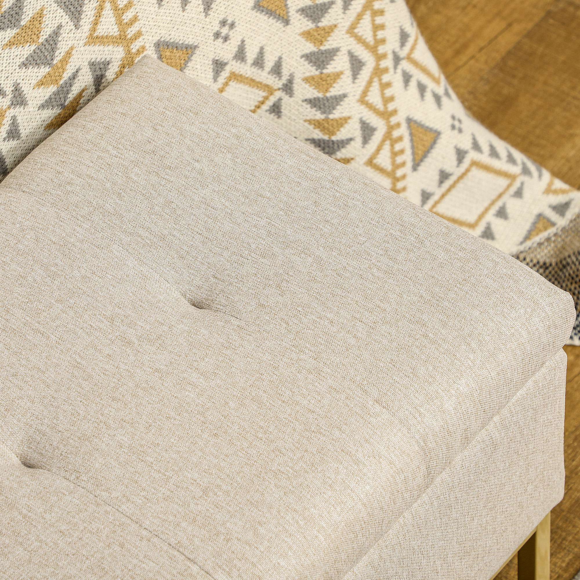HOMCOM Storage Ottoman with Flip Top, Upholstered Storage Bench, Linen Fabric Footstool with Steel Legs for Living Room, Bedroom, Beige