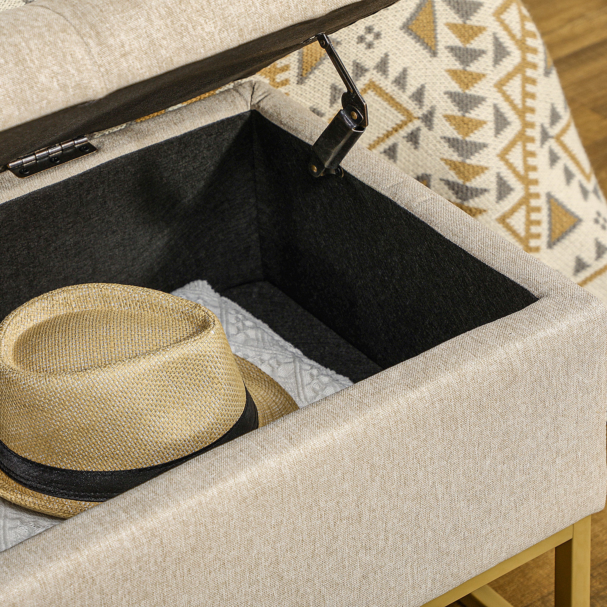 HOMCOM Storage Ottoman with Flip Top, Upholstered Storage Bench, Linen Fabric Footstool with Steel Legs for Living Room, Bedroom, Beige