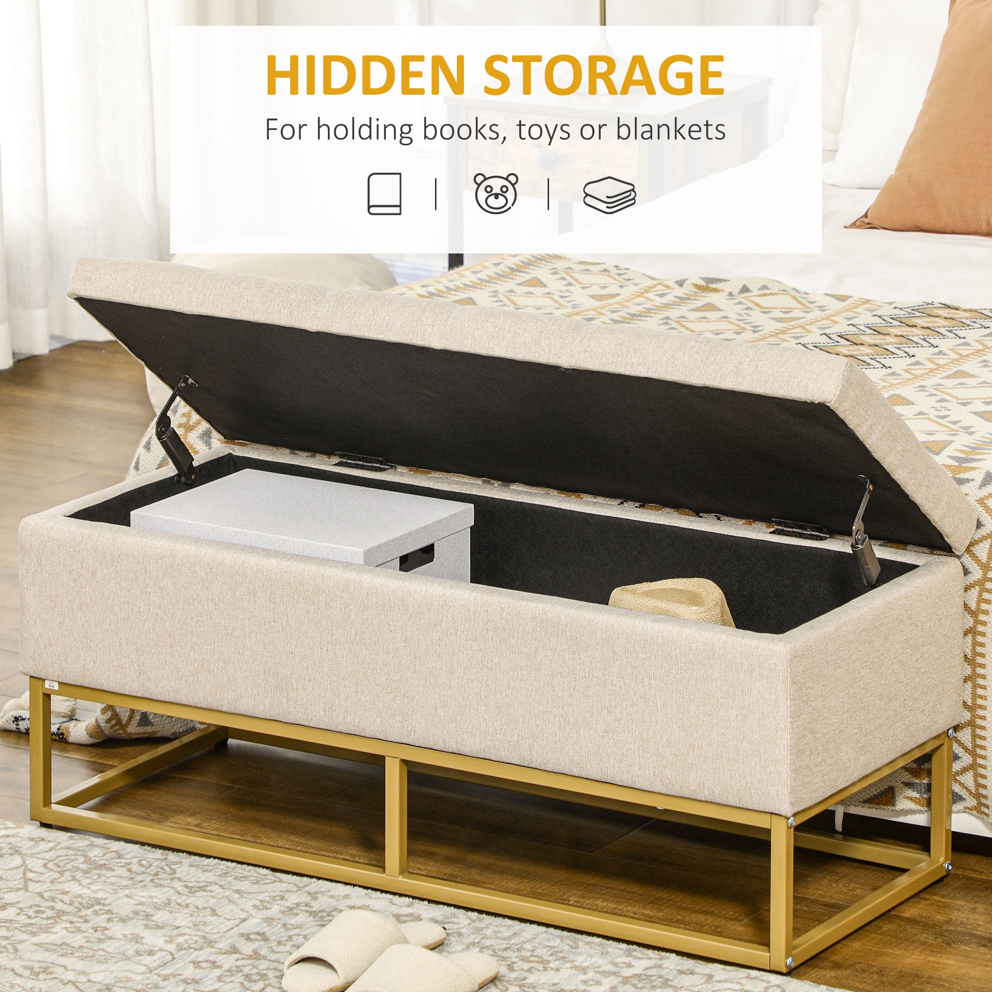 HOMCOM Storage Ottoman with Flip Top, Upholstered Storage Bench, Linen Fabric Footstool with Steel Legs for Living Room, Bedroom, Beige