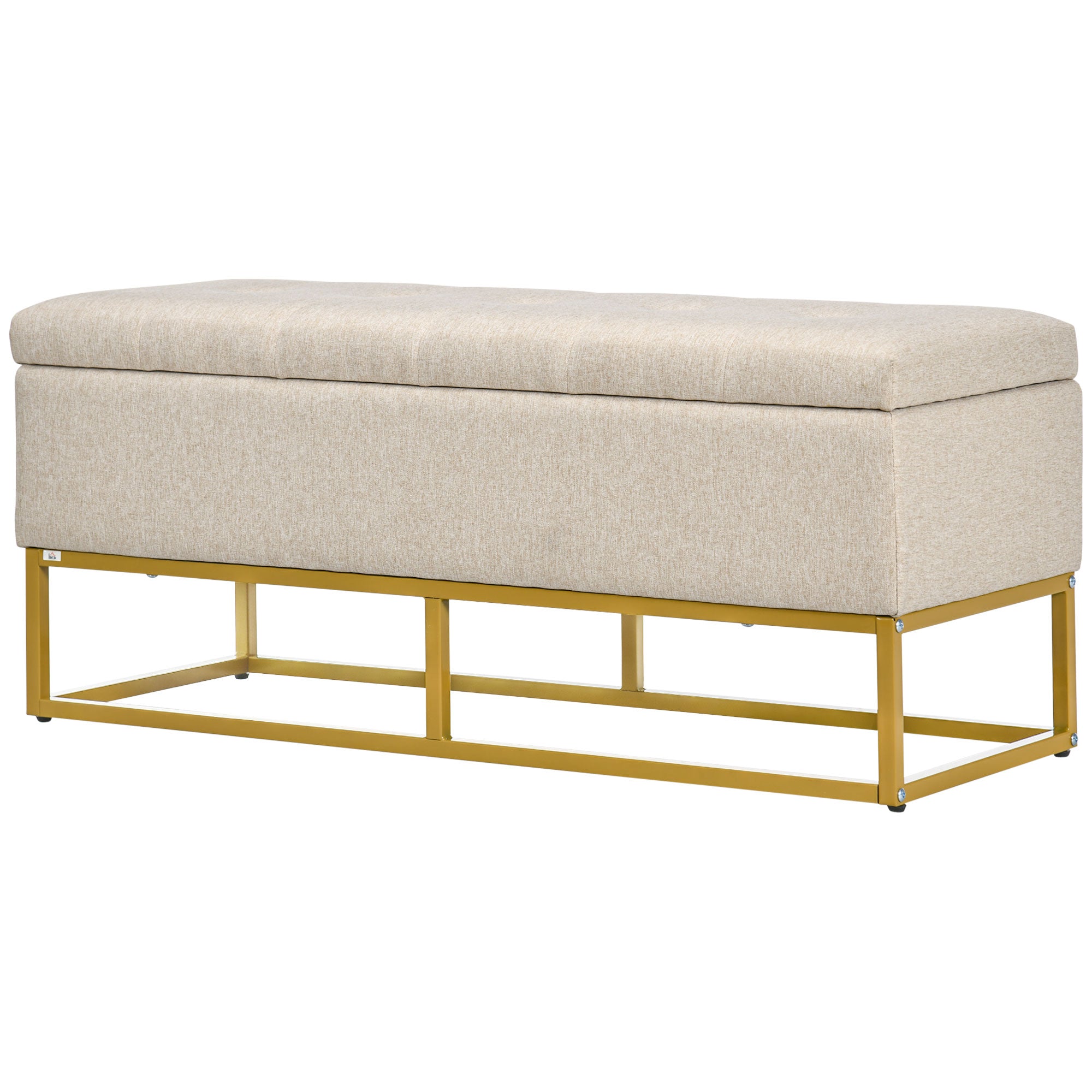 HOMCOM Storage Ottoman with Flip Top, Upholstered Storage Bench, Linen Fabric Footstool with Steel Legs for Living Room, Bedroom, Beige