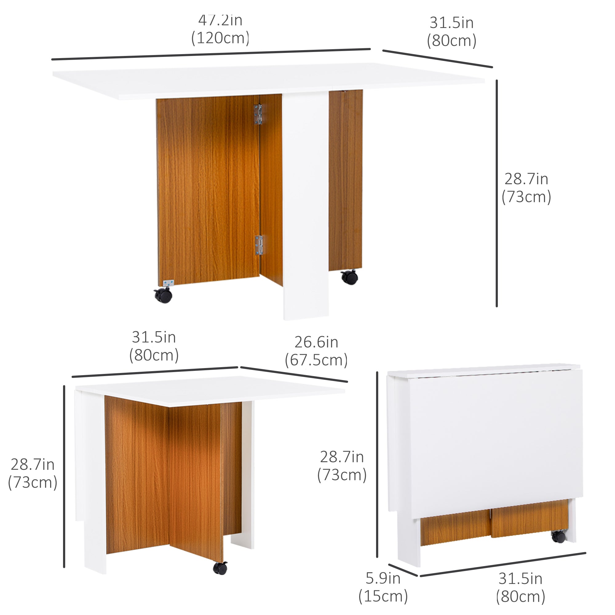 HOMCOM Foldable Dining Table, Drop Leaf Folding Side Table Console Writing Desk with 2 Wheels for Kitchen, Dining Room, Teak, White