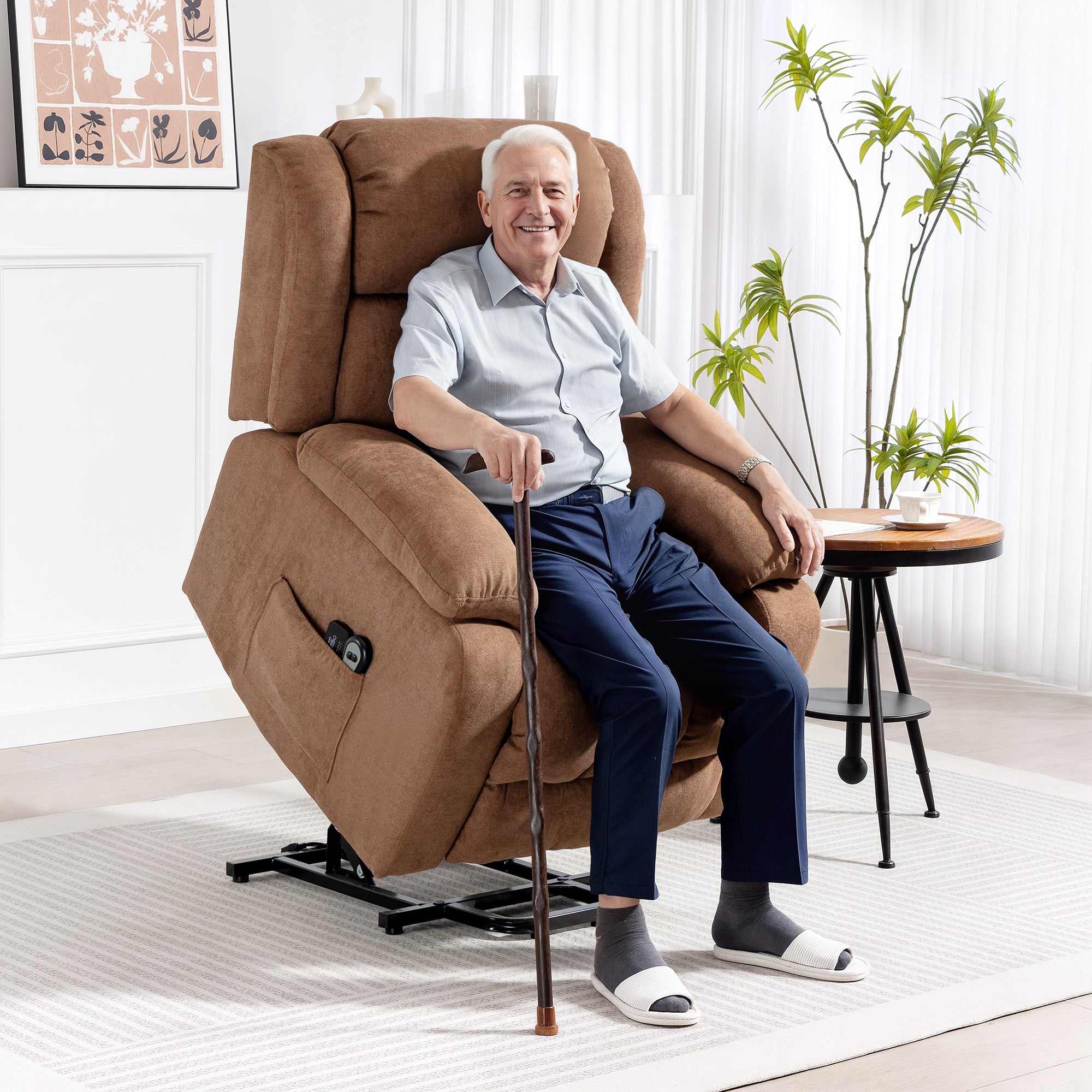 Power Lift Recliner Chair with Massage, Linen Overstuffed Lift Chair for Elderly, Electric Recliner Armchair with Footrest, Remote Control and Side Pocket, for Living Room, Brown