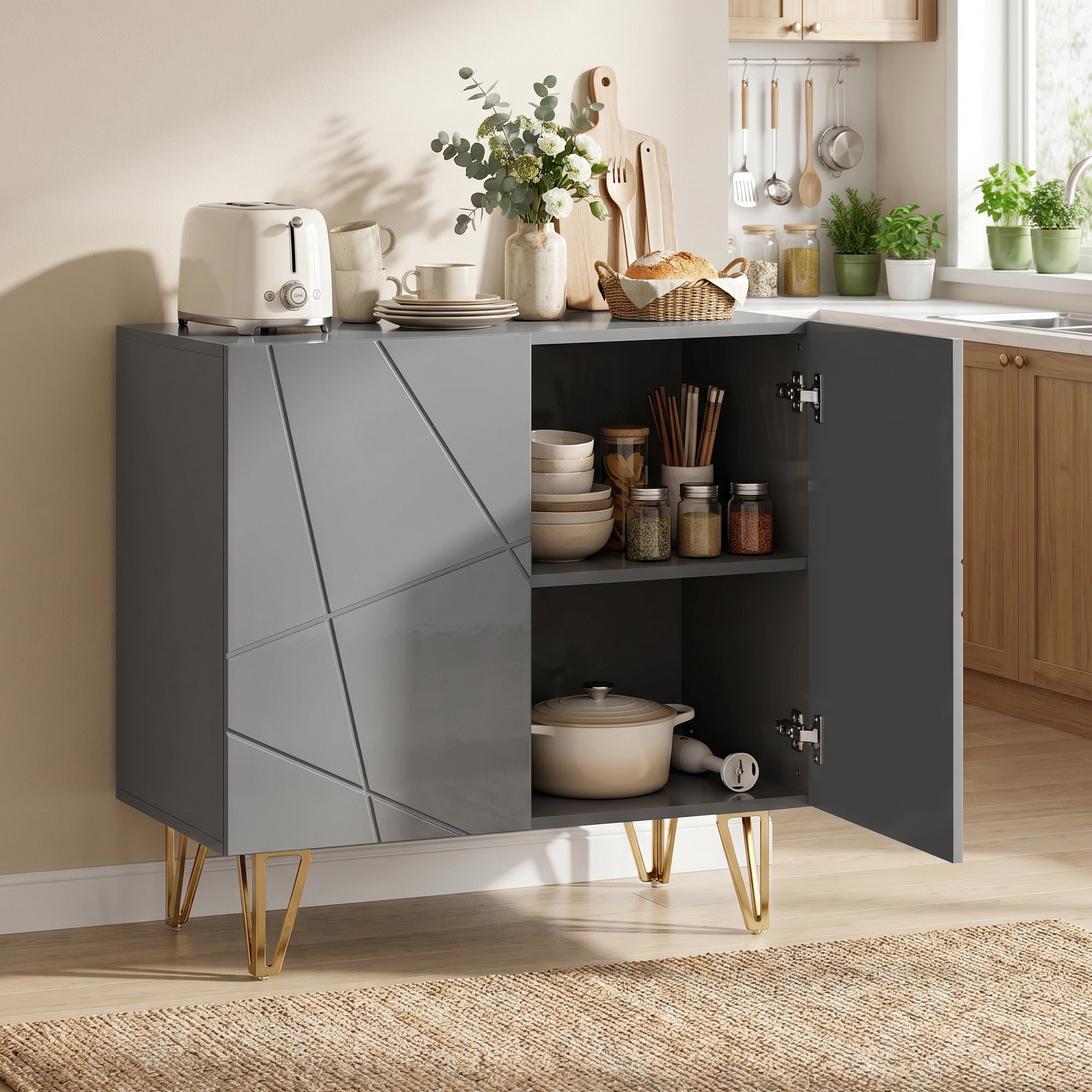 Storage Cabinet with High Gloss, Freestanding Sideboard with Adjustable Shelf, Soft-Close Doors and Gold Tone Hairpin Legs for Living Room, Dining Room, Hallway, Grey