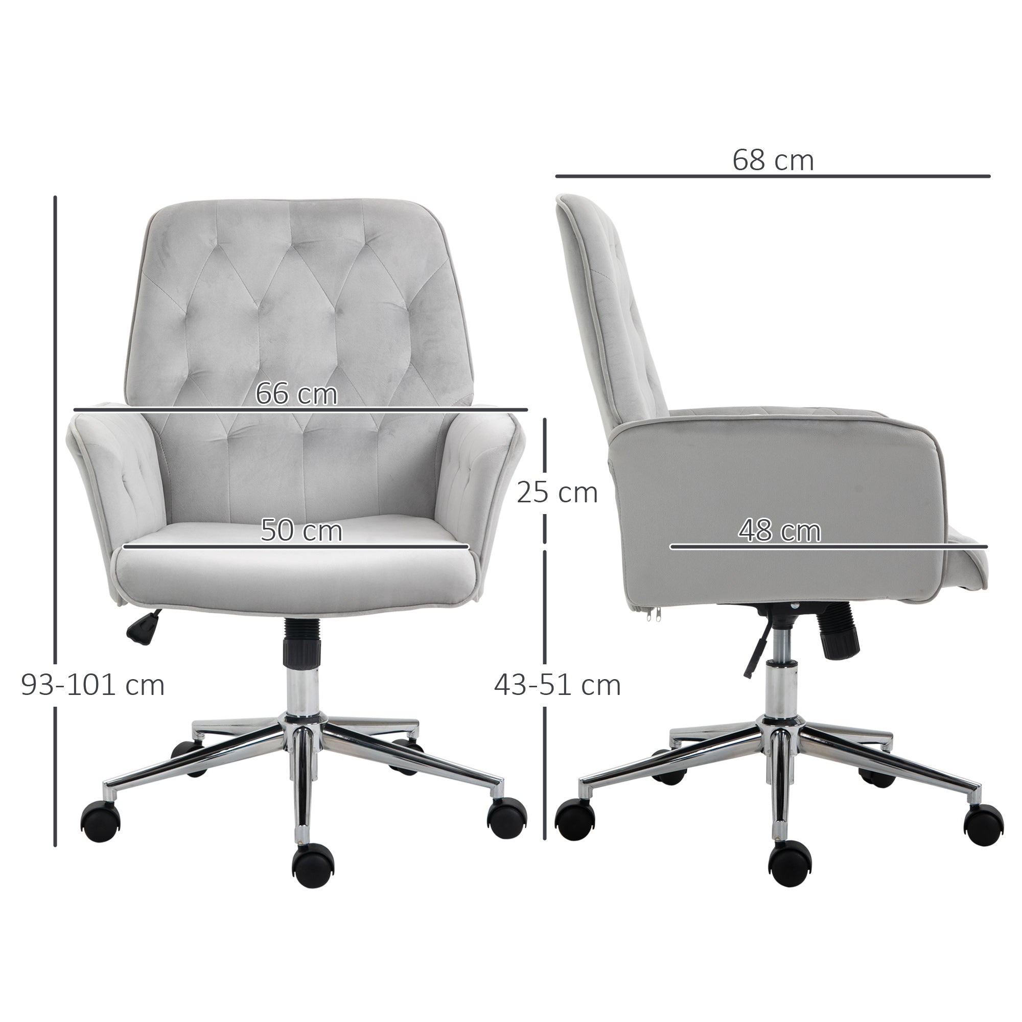 Vinsetto Office Desk Chair, Velvet-Feel Fabric Vanity Chair with Height Adjustable, Armrest, Swivel Chair for Home, Light Grey