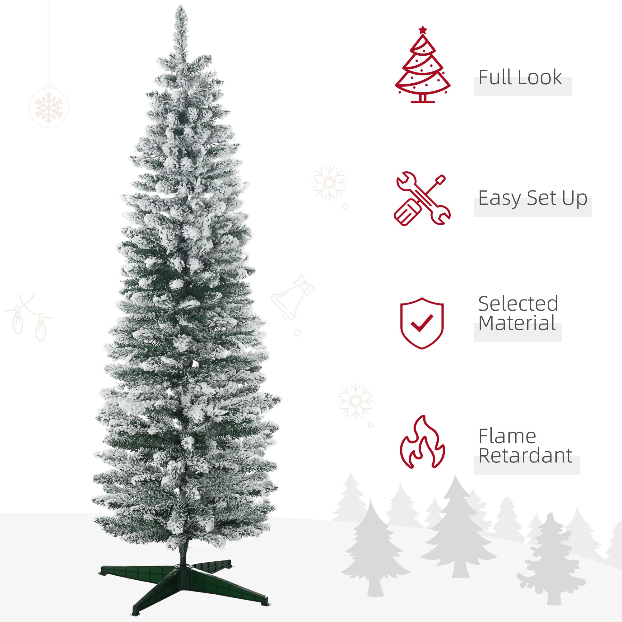 6' Snow Flocked Artificial Pencil Christmas Tree Slim Xmas Tree with Realistic Branches Green