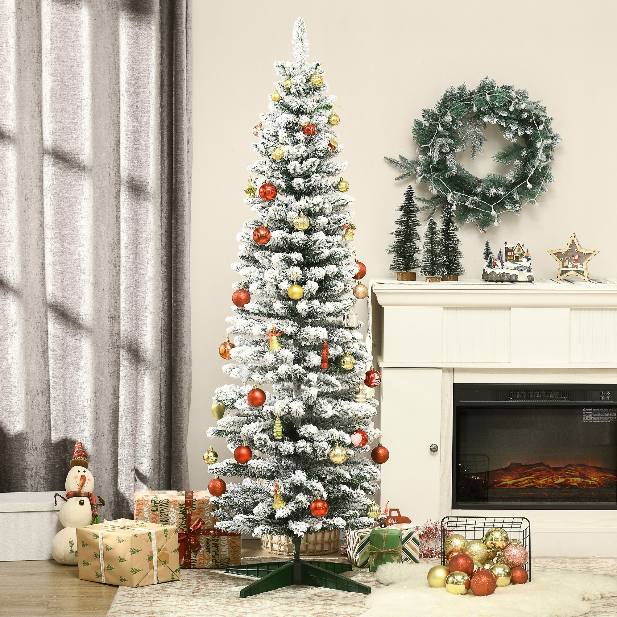 6' Snow Flocked Artificial Pencil Christmas Tree Slim Xmas Tree with Realistic Branches Green