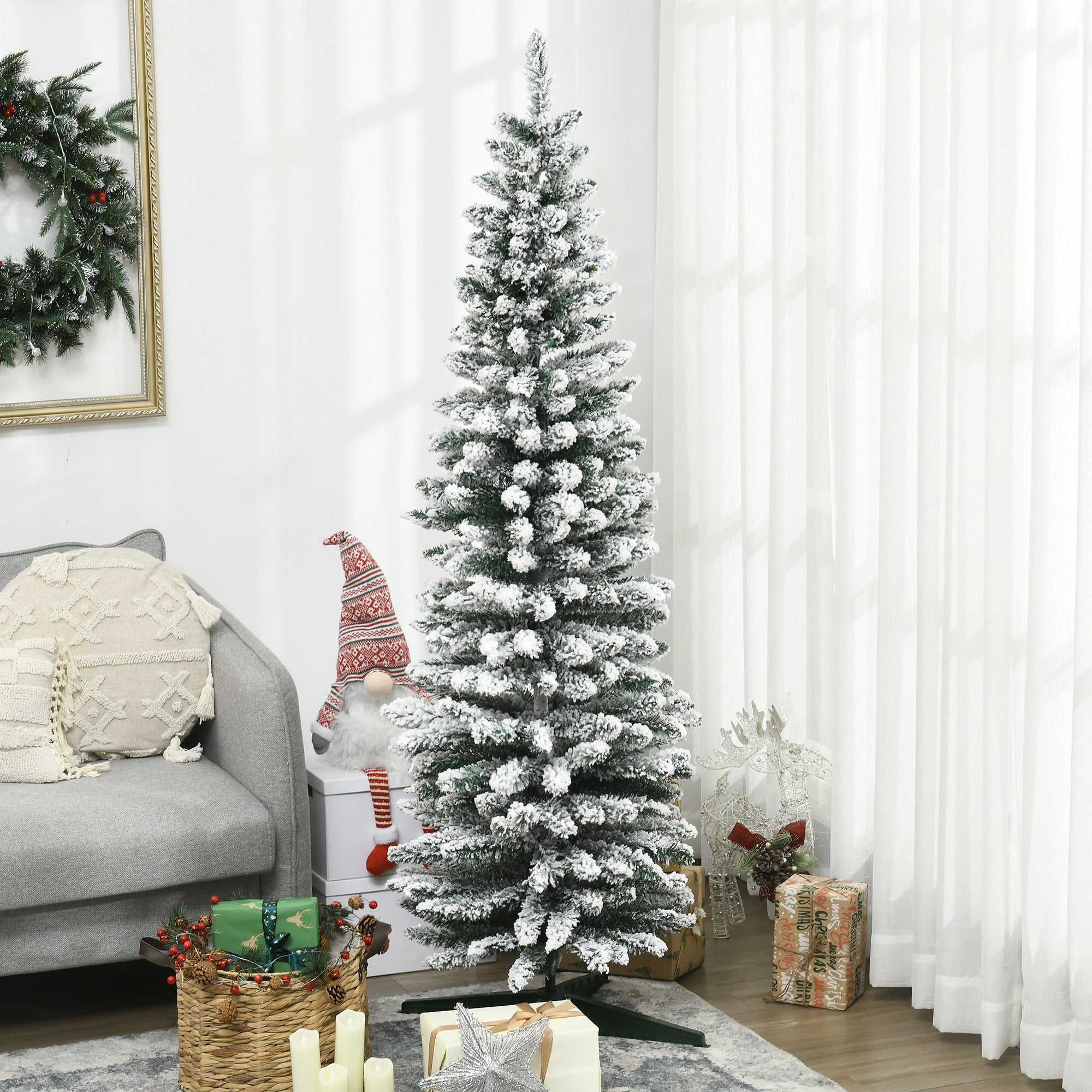 6' Snow Flocked Artificial Pencil Christmas Tree Slim Xmas Tree with Realistic Branches Green