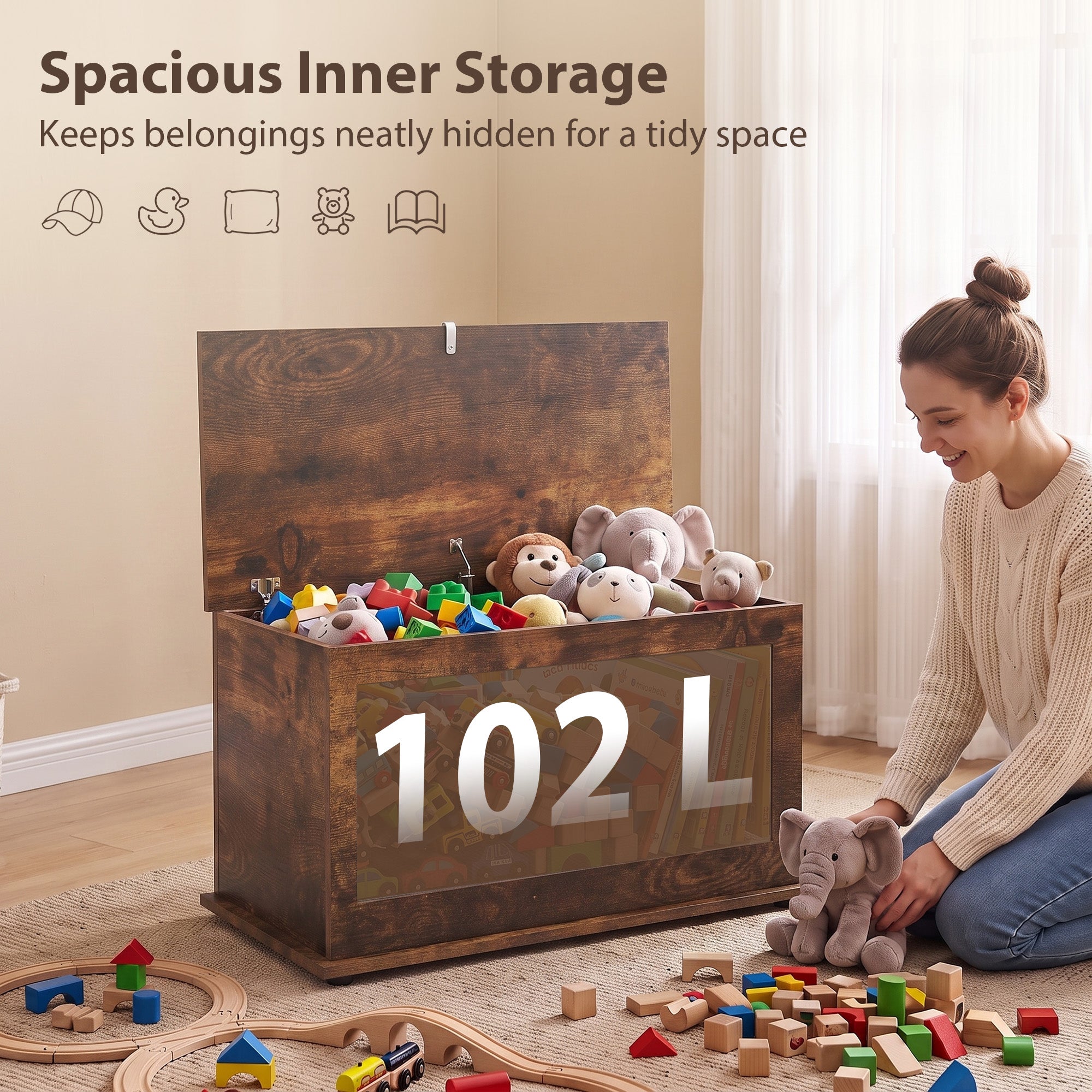 Storage Chest, Large 102L Blanket Box, Shoe Bench with Safety Hinged Lid, Storage Trunk, Bed End Bench for Bedroom, Hallway, Living room, Playroom, 80 x 40 x 45cm, Rustic Brown