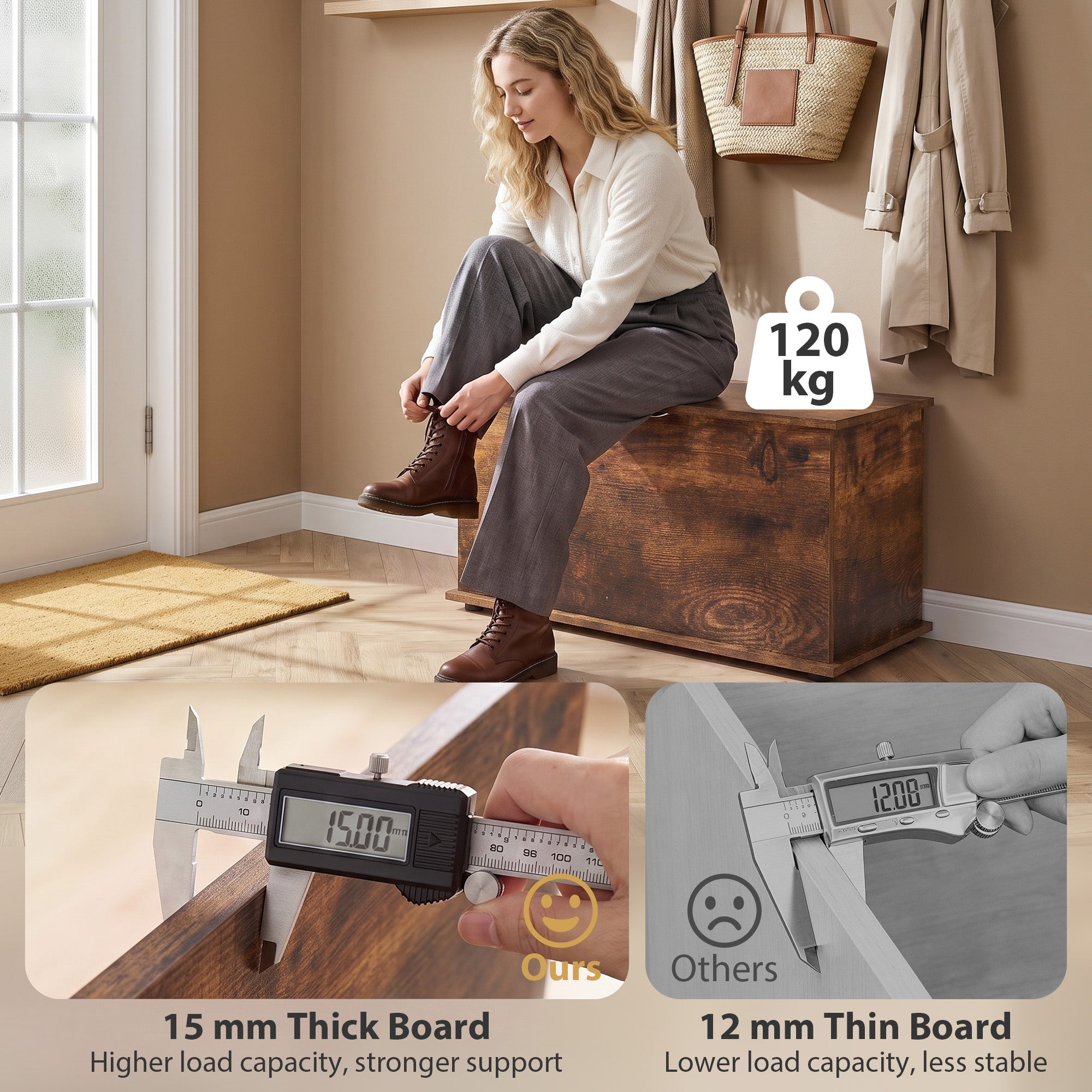 Storage Chest, Large 102L Blanket Box, Shoe Bench with Safety Hinged Lid, Storage Trunk, Bed End Bench for Bedroom, Hallway, Living room, Playroom, 80 x 40 x 45cm, Rustic Brown
